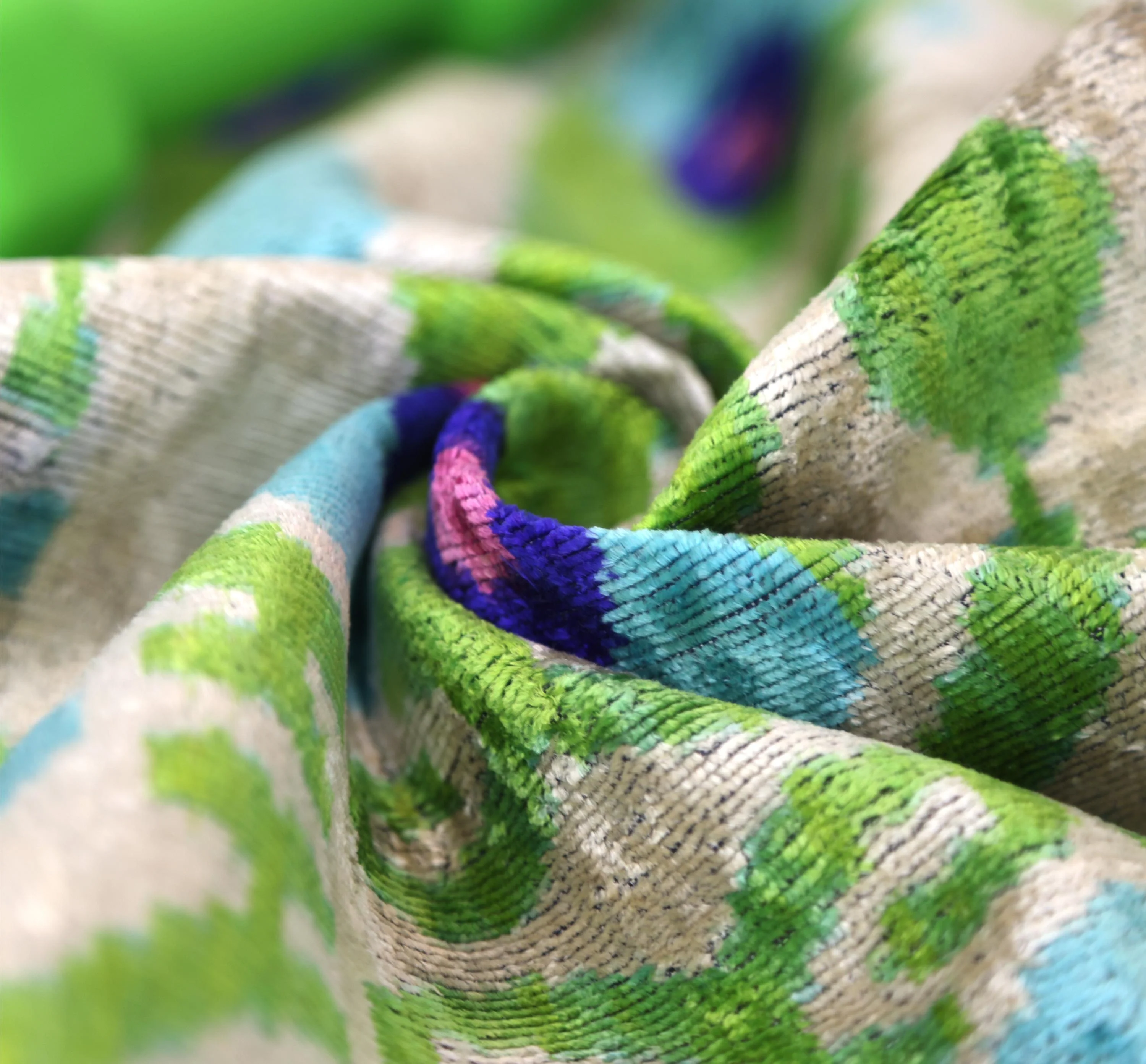 Luxury Silk Velvet Pillow 16x24 – Handmade Green & Turquoise Ikat Lumbar Cushion - Image 2