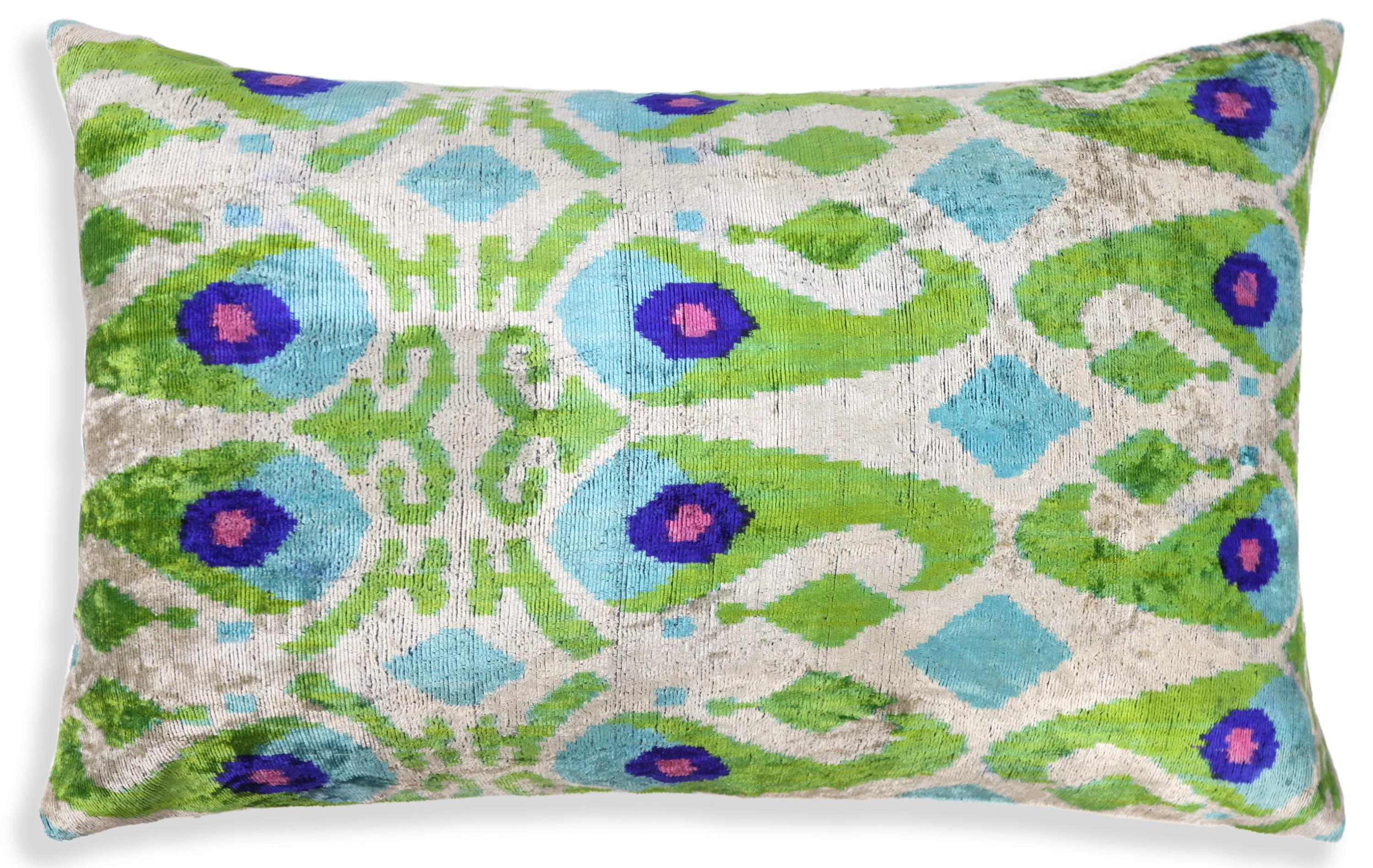 Luxury Silk Velvet Pillow 16x24 – Handmade Green & Turquoise Ikat Lumbar Cushion - Image 5