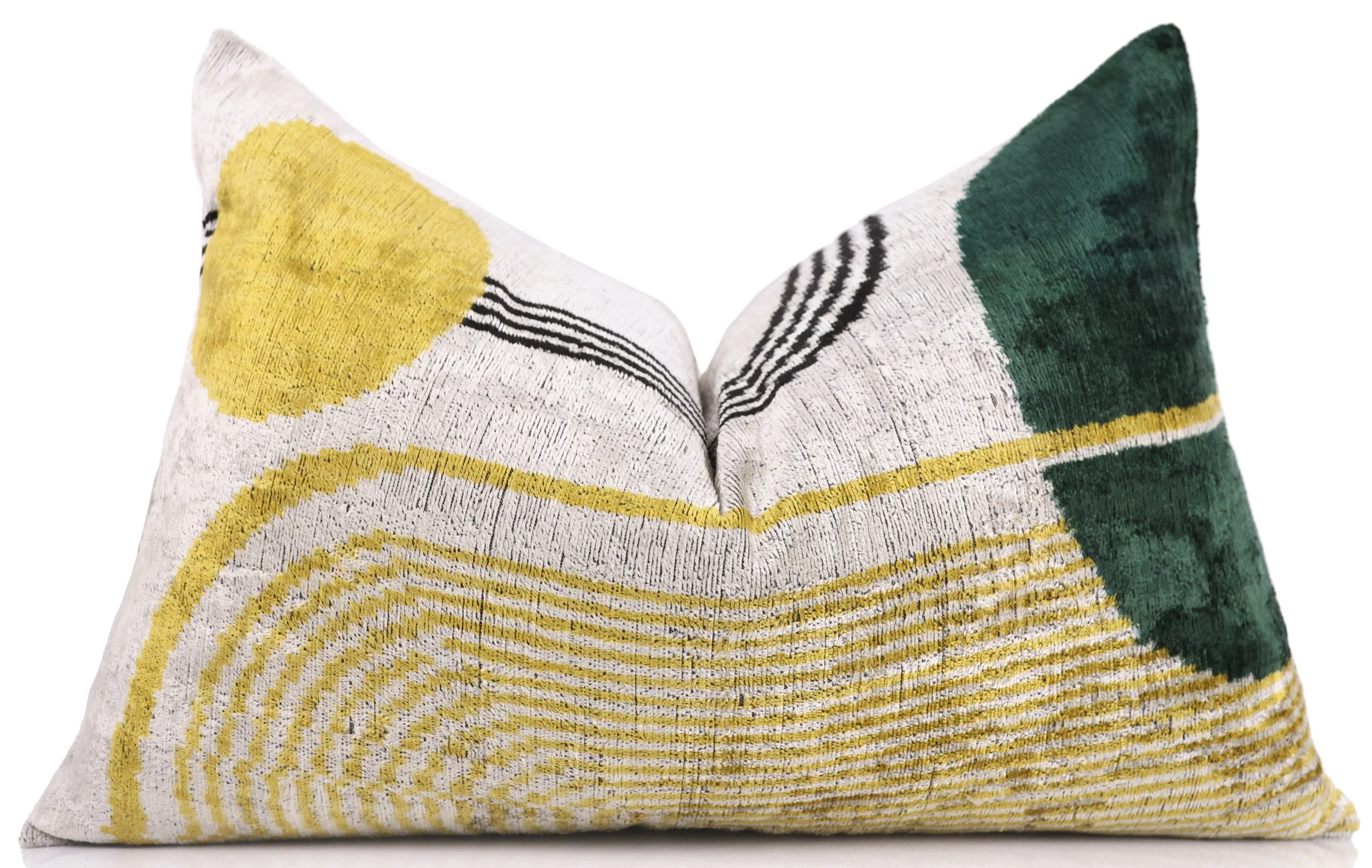Luxury Silk Velvet Pillow 16x24 – Handmade Modern Geometric Lumbar Cushion in Yellow & Green - Image 5