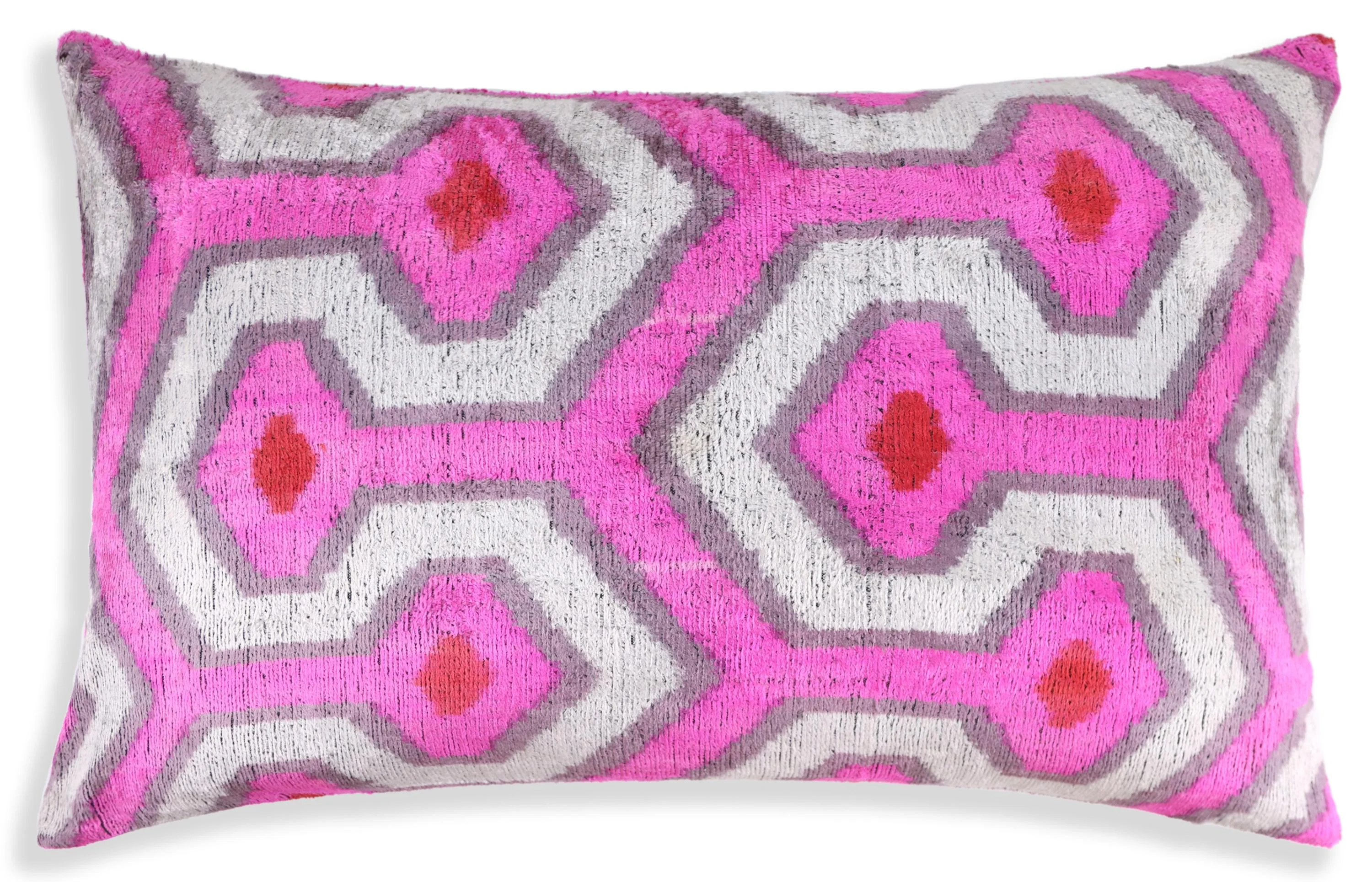 Luxury Silk Velvet Pillow 16x24 – Handmade Pink & Gray Geometric Lumbar Cushion with Red Accents - Image 4