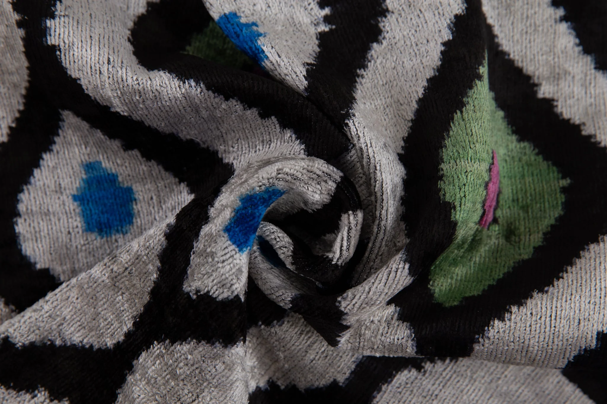 Luxury Silk Velvet Throw Pillow - Black, Green, Blue, and Pink Ikat Design, 20x20 - Image 2