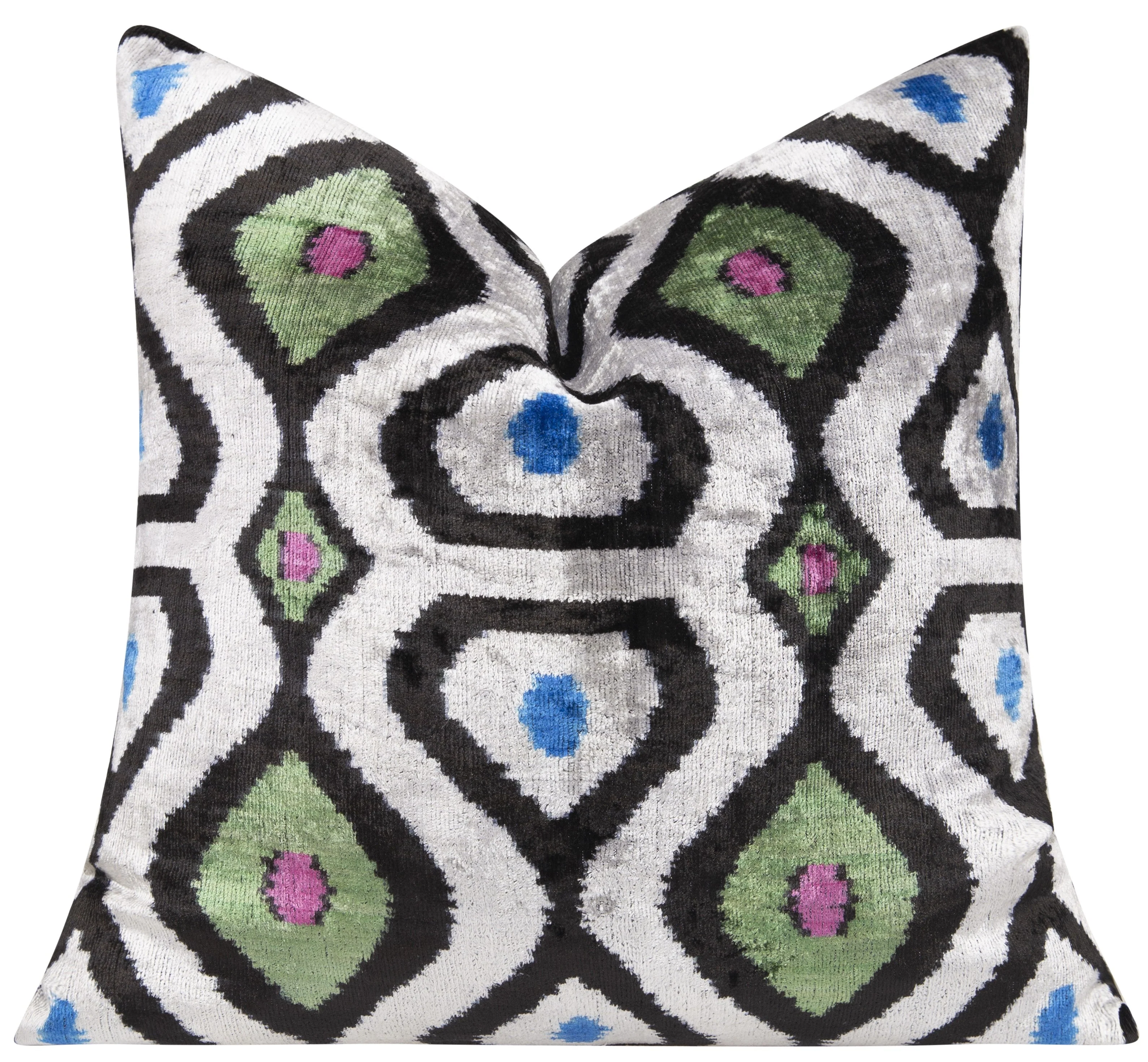 Luxury Silk Velvet Throw Pillow - Black, Green, Blue, and Pink Ikat Design, 20x20 - Image 3