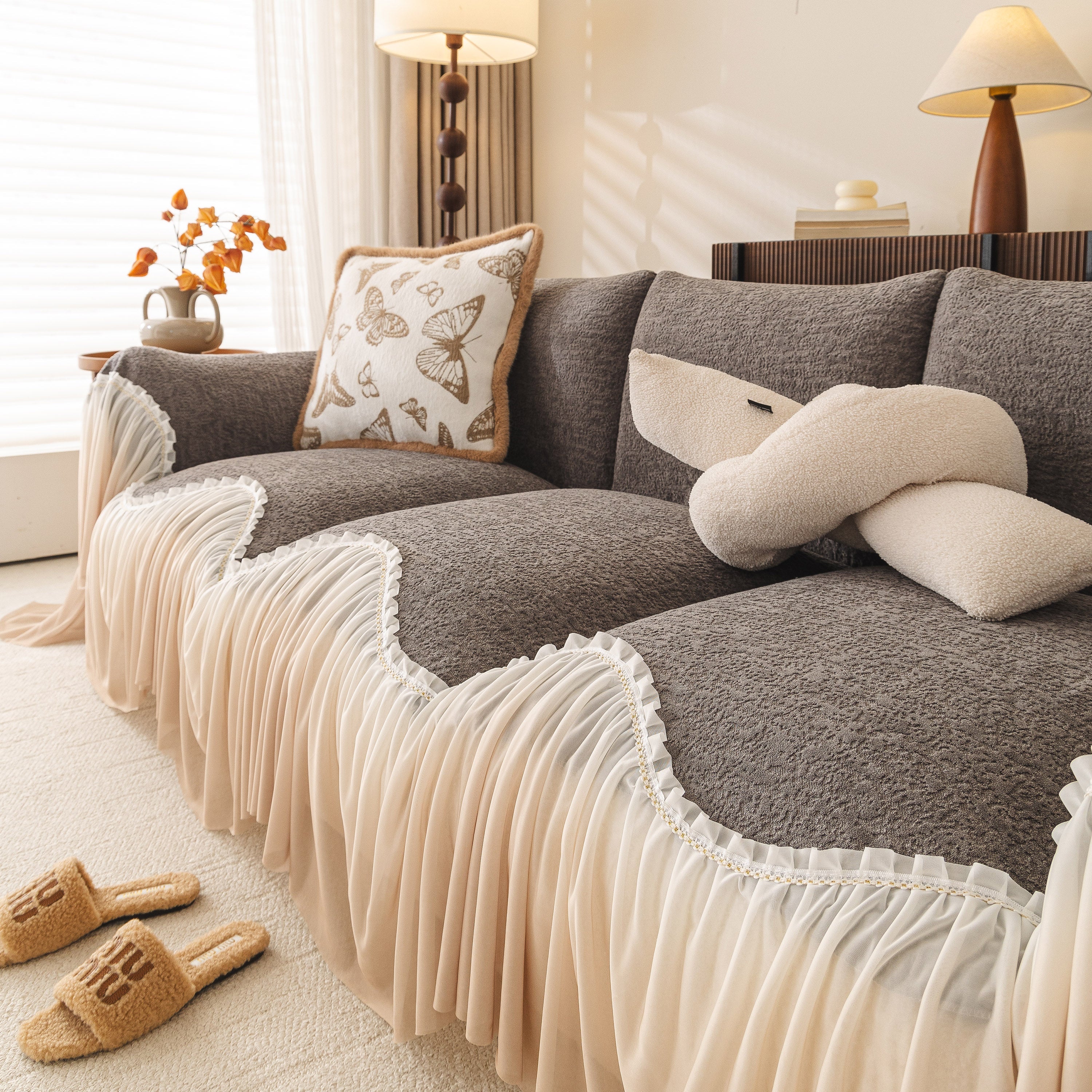 Luxury Sofa Throw Cover with Elegant Ruffled Skirt, Soft Decorative Couch Protector - Image 44