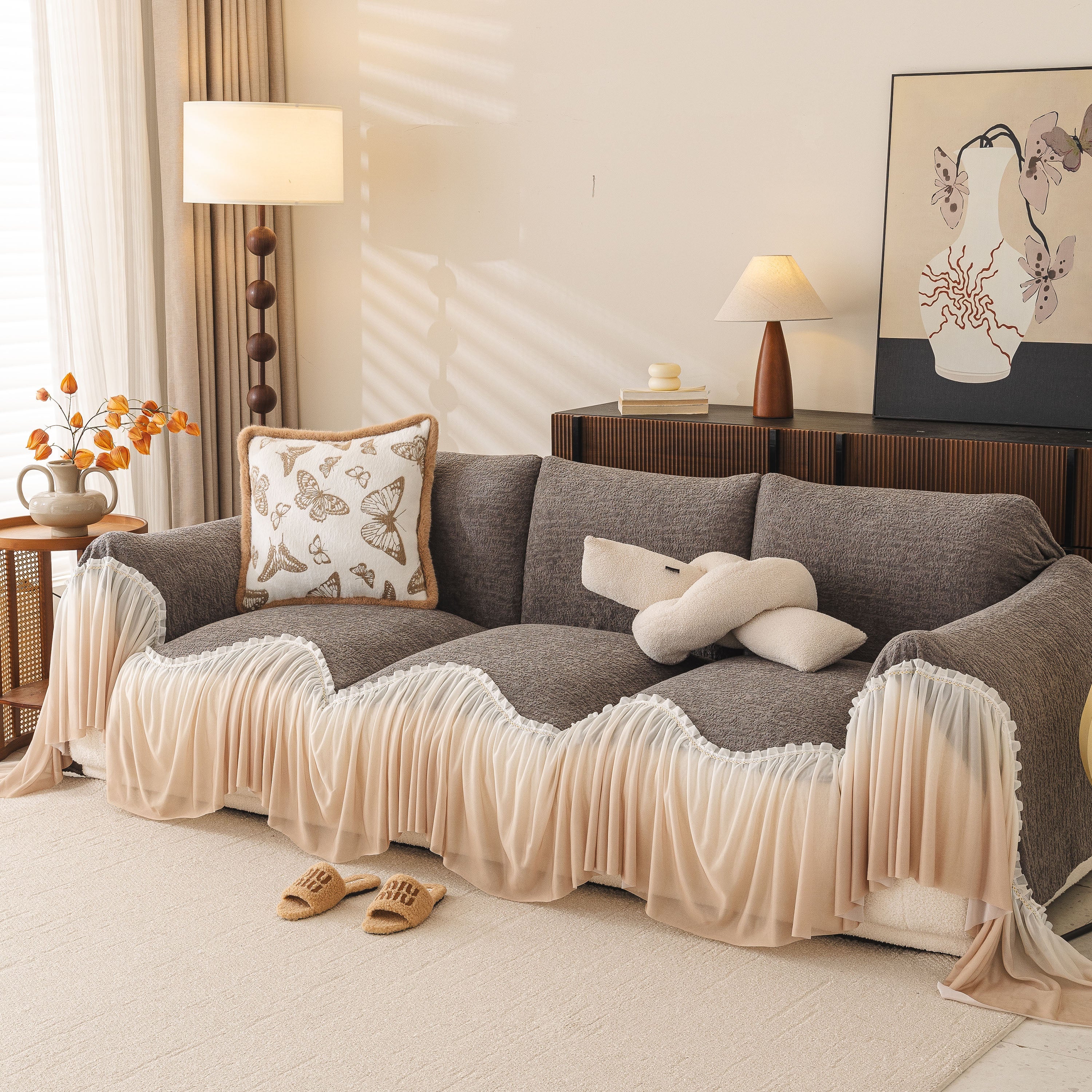 Luxury Sofa Throw Cover with Elegant Ruffled Skirt, Soft Decorative Couch Protector - Image 47