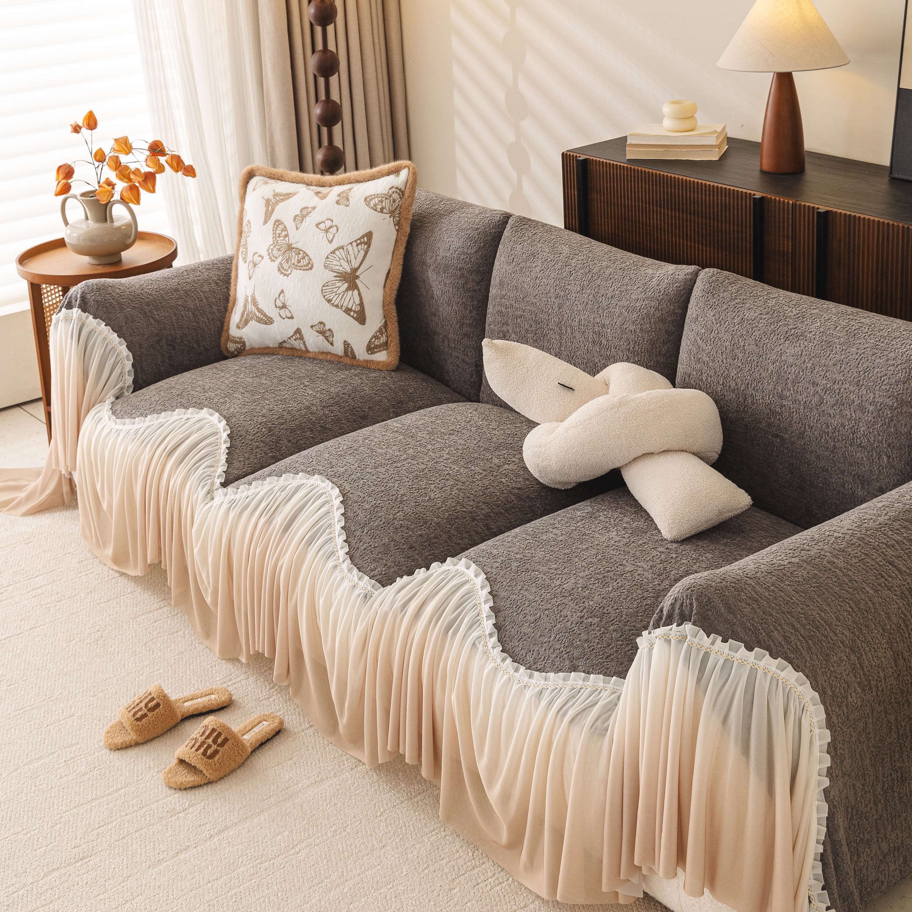 Luxury Sofa Throw Cover with Elegant Ruffled Skirt, Soft Decorative Couch Protector - Image 50