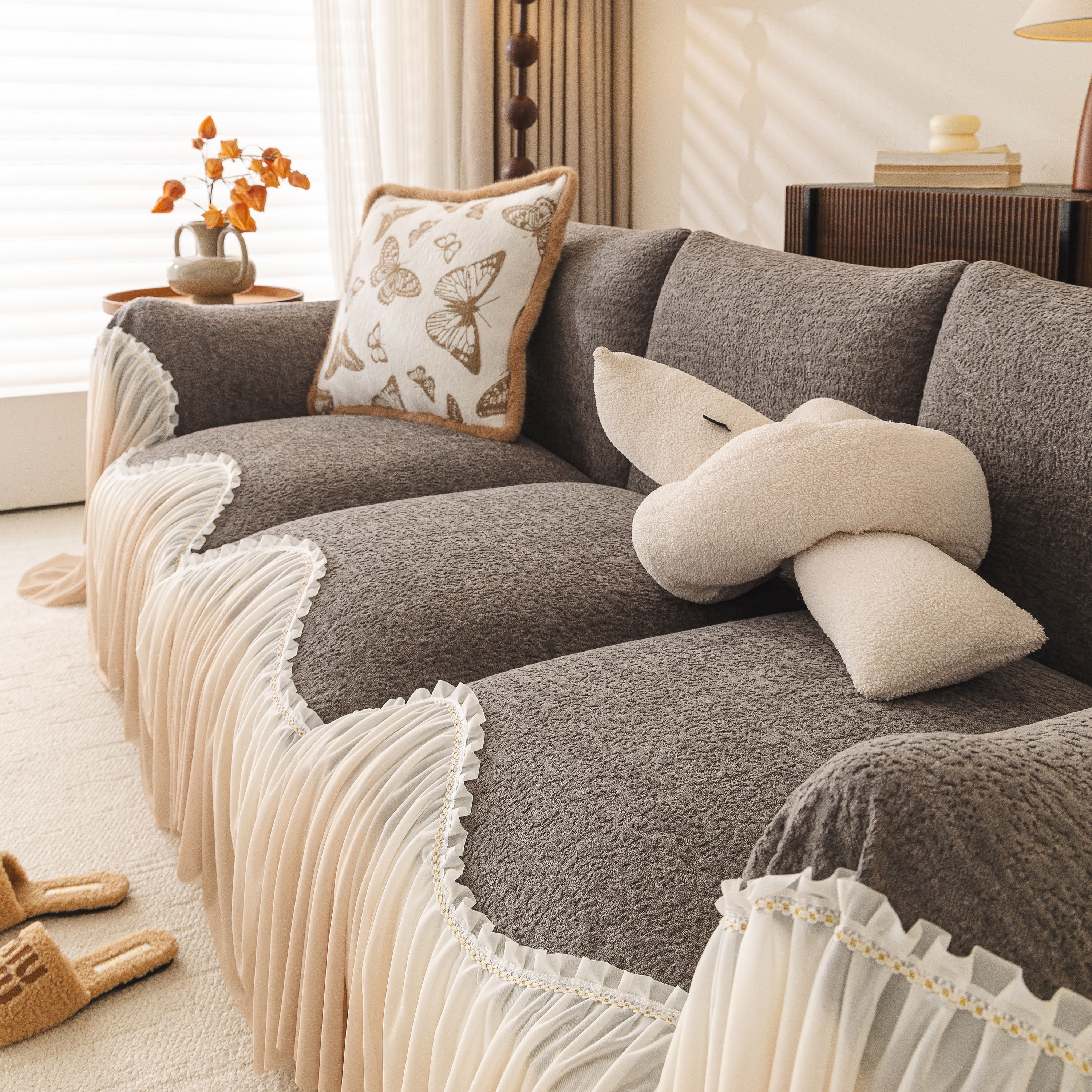 Luxury Sofa Throw Cover with Elegant Ruffled Skirt, Soft Decorative Couch Protector - Image 51