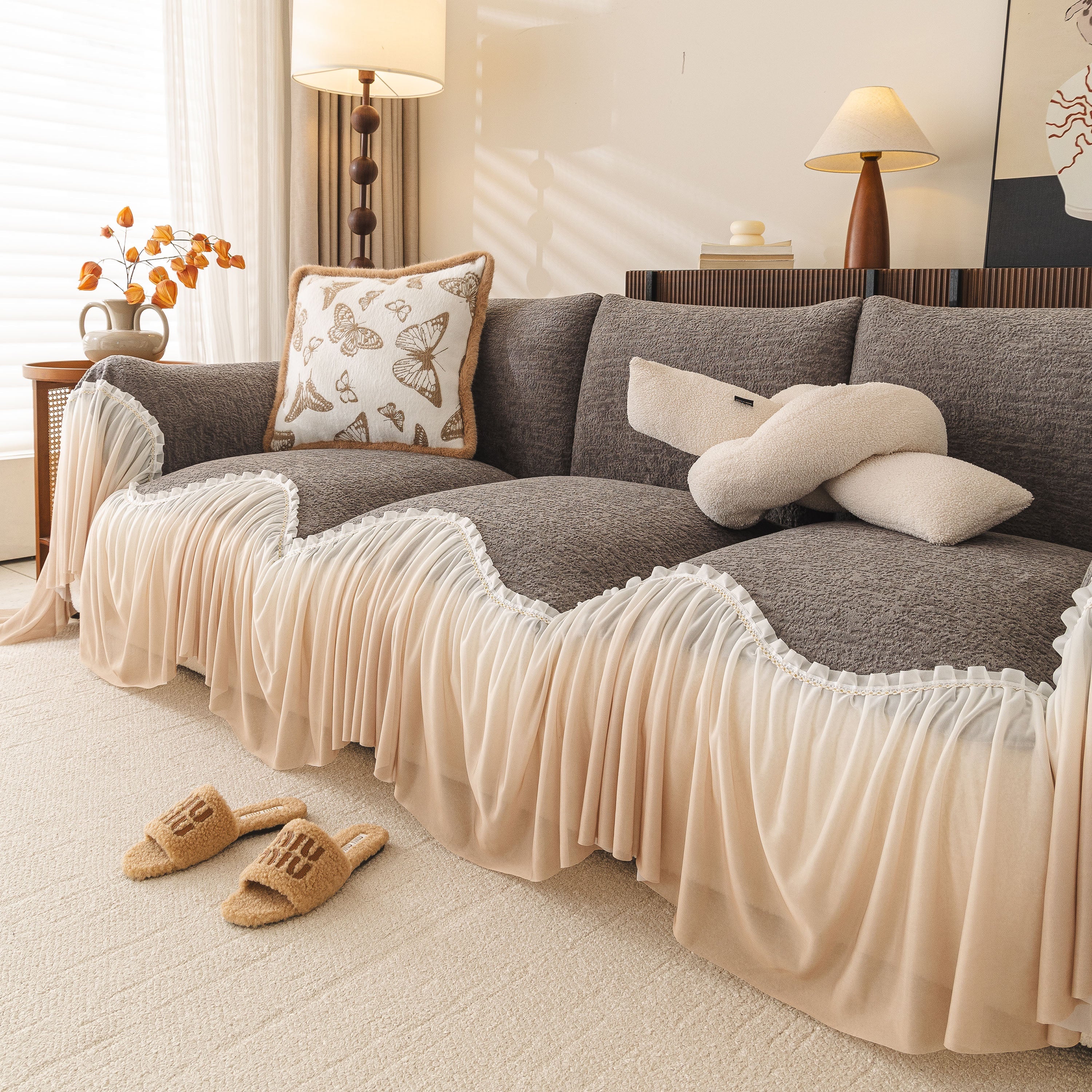 Luxury Sofa Throw Cover with Elegant Ruffled Skirt, Soft Decorative Couch Protector - Image 53