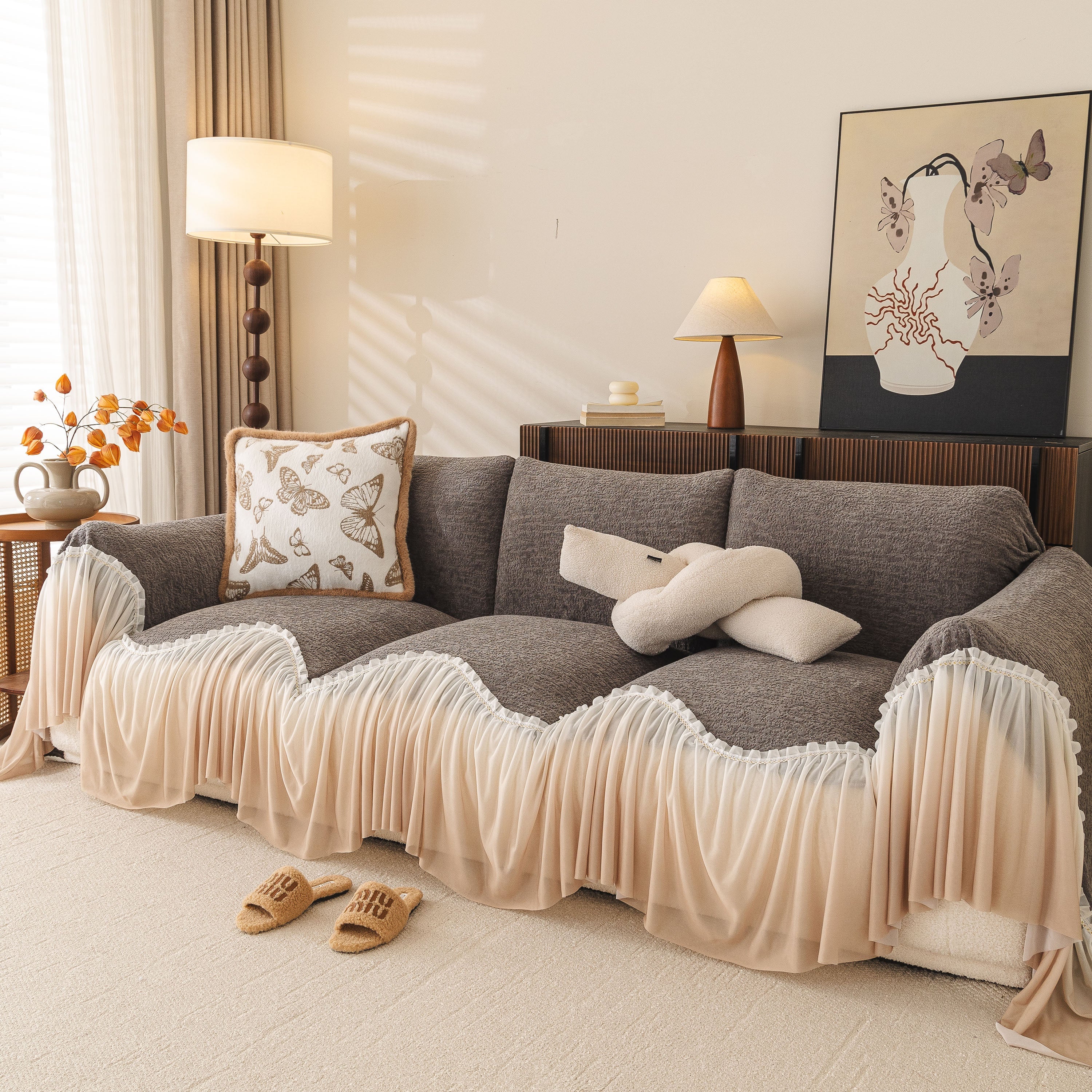 Luxury Sofa Throw Cover with Elegant Ruffled Skirt, Soft Decorative Couch Protector - Image 60