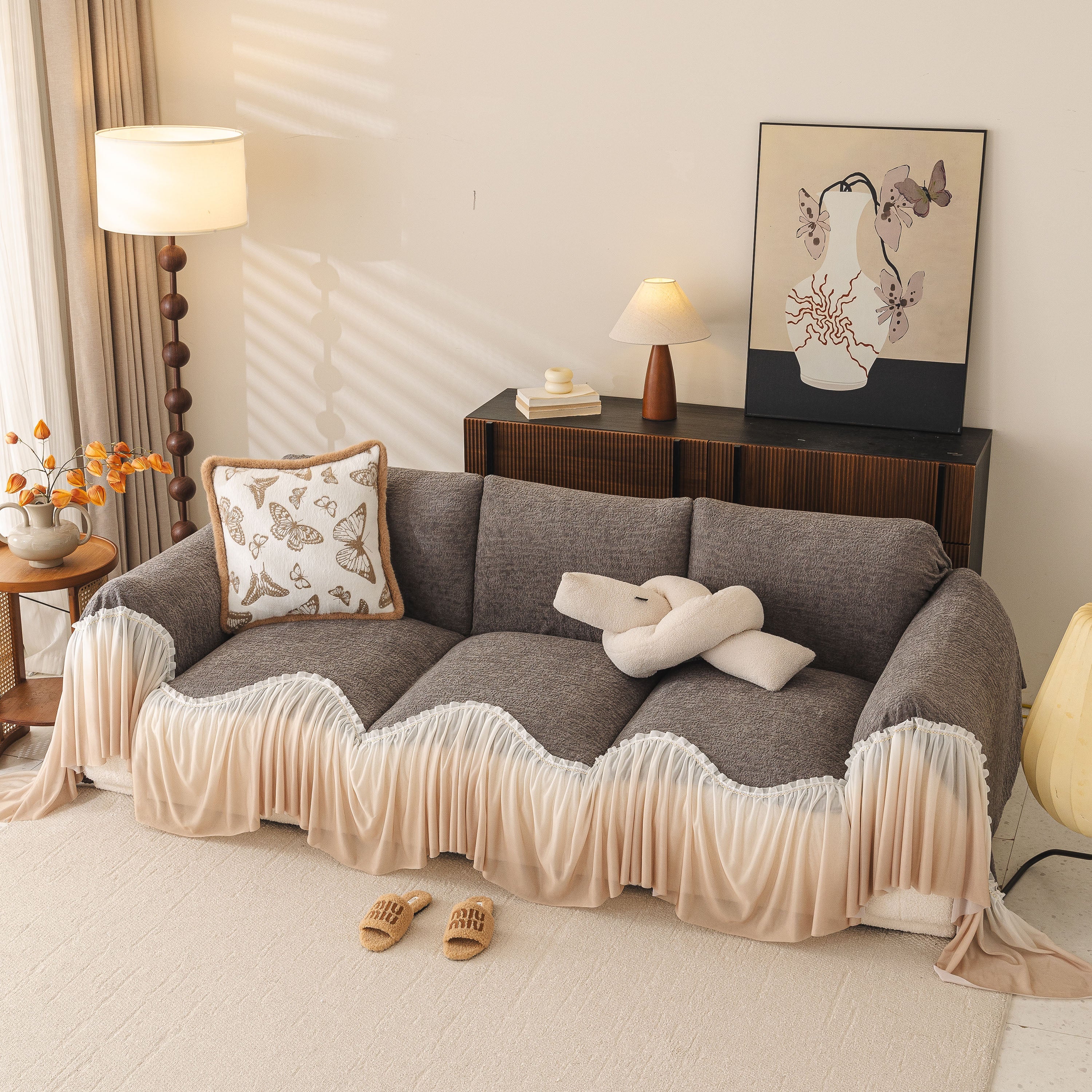 Luxury Sofa Throw Cover with Elegant Ruffled Skirt, Soft Decorative Couch Protector - Image 61