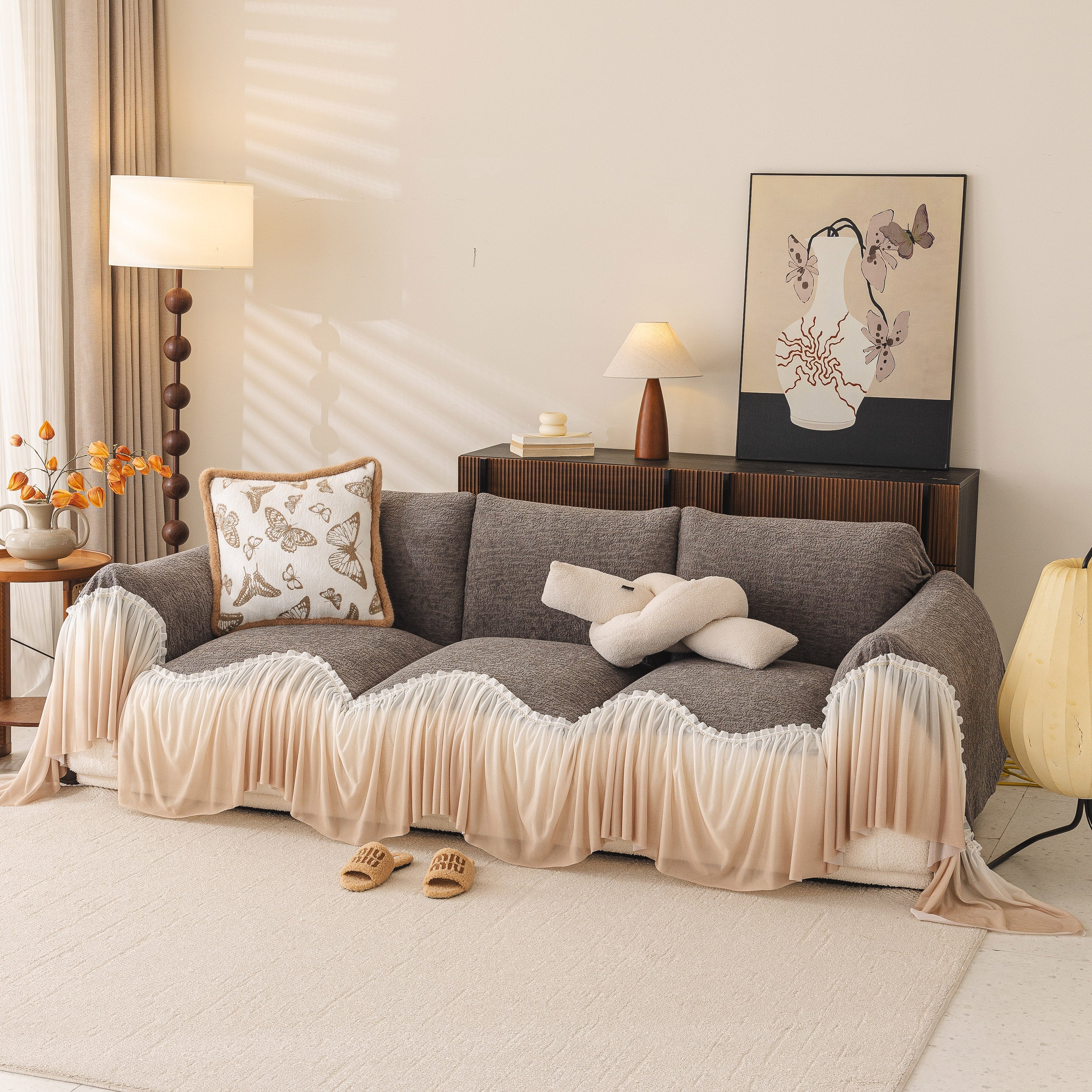 Luxury Sofa Throw Cover with Elegant Ruffled Skirt, Soft Decorative Couch Protector - Image 62