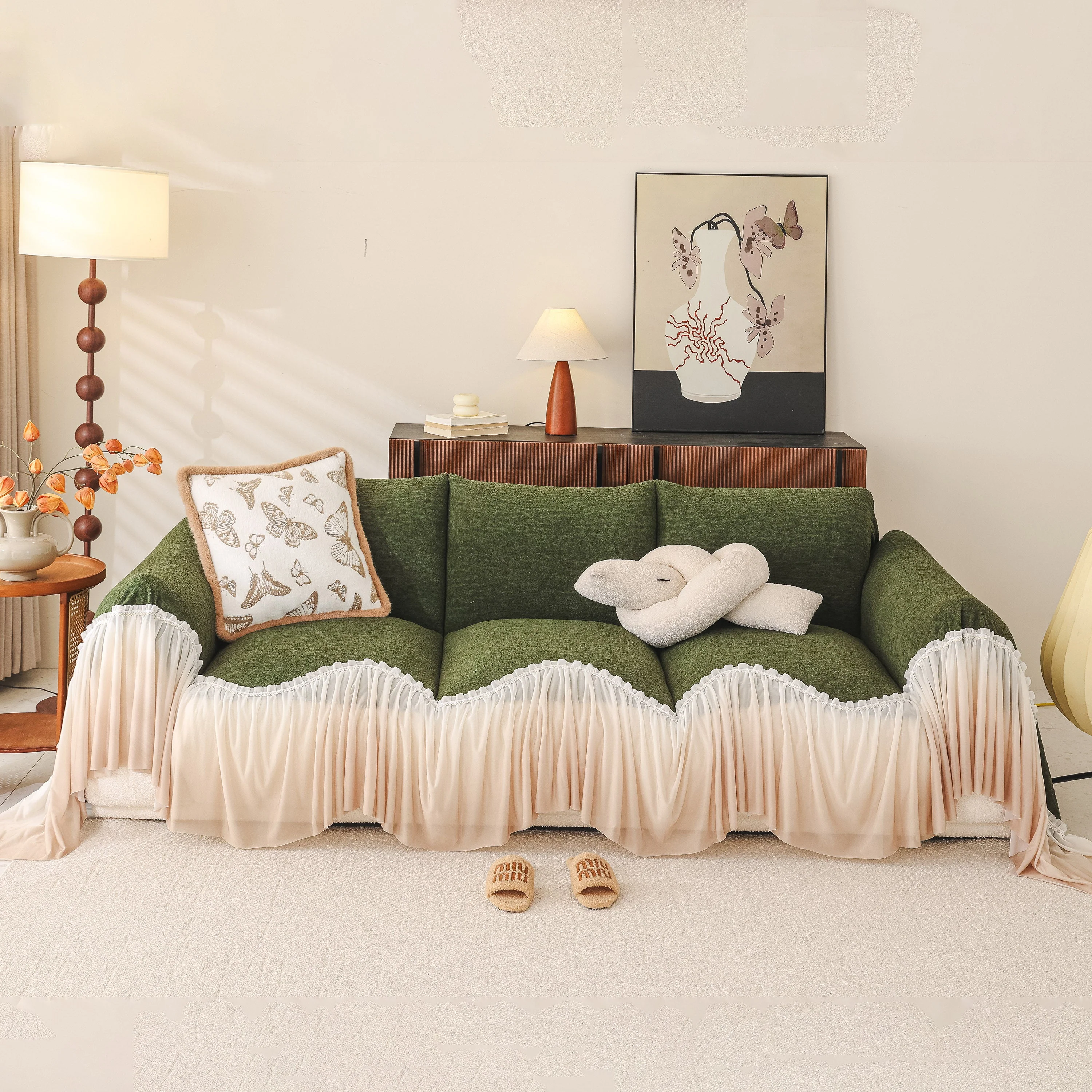 Luxury Sofa Throw Cover with Elegant Ruffled Skirt, Soft Decorative Couch Protector - Image 65