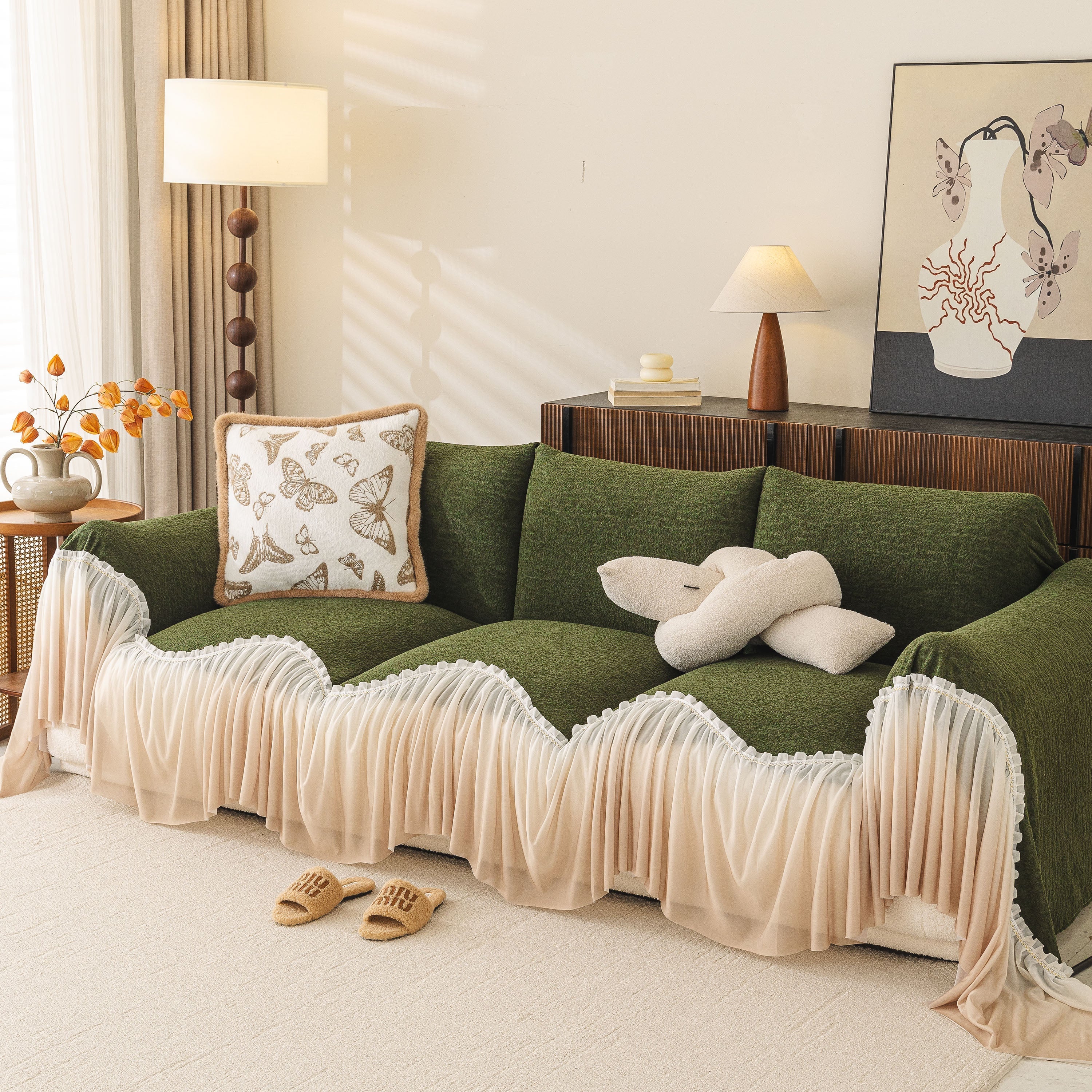Luxury Sofa Throw Cover with Elegant Ruffled Skirt, Soft Decorative Couch Protector - Image 67