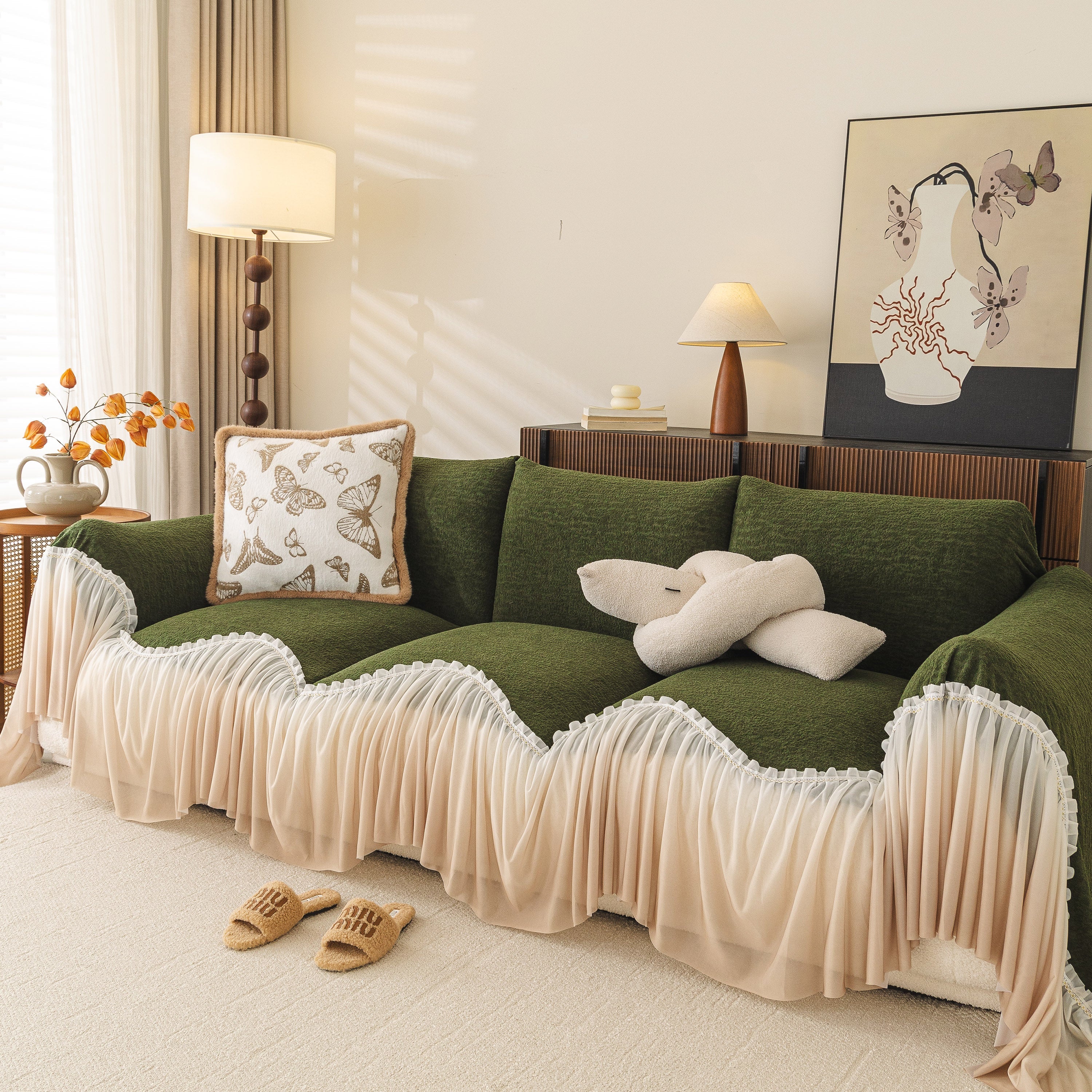 Luxury Sofa Throw Cover with Elegant Ruffled Skirt, Soft Decorative Couch Protector - Image 70