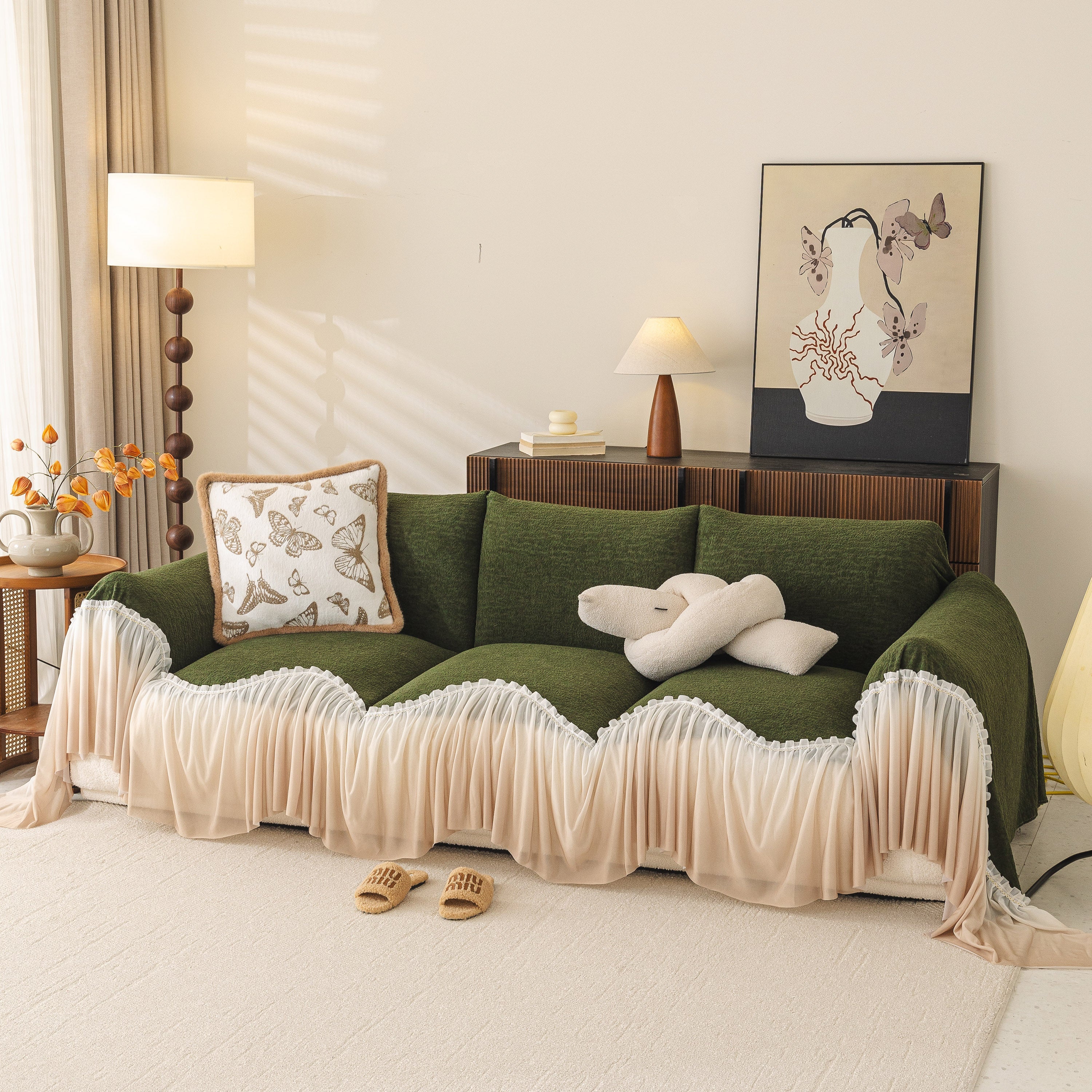 Luxury Sofa Throw Cover with Elegant Ruffled Skirt, Soft Decorative Couch Protector - Image 81