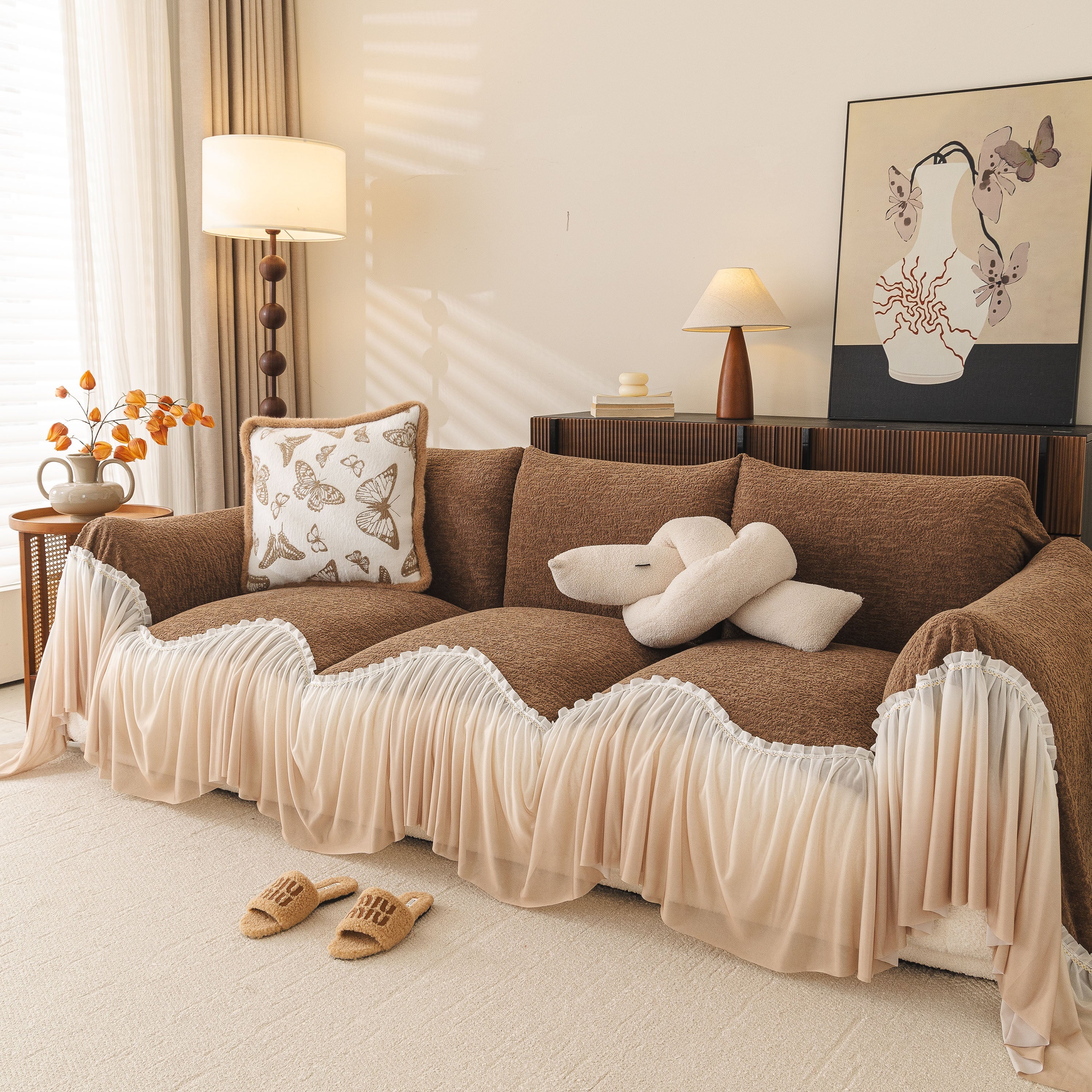 Luxury Sofa Throw Cover with Elegant Ruffled Skirt, Soft Decorative Couch Protector - Image 9