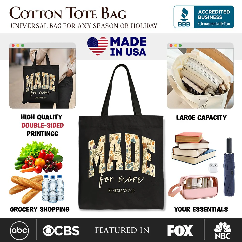 Made For More Ephesians 2:10 Floral Faithful Christians Canvas Tote Bag, Jesus Bible Verse Gift Shopper - Image 2