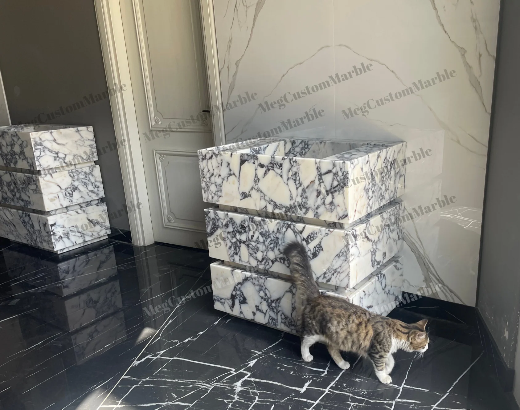 Made to-order Freestanding Vanity Unit with marle drawers Calacatta Viola Marble Purple/ Gray Veins - Image 3
