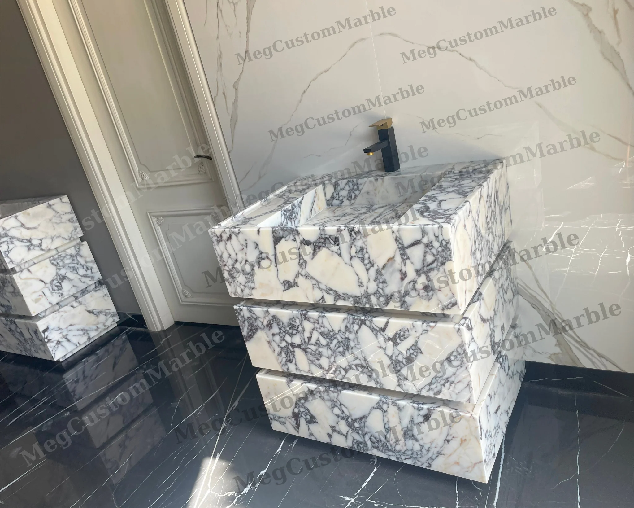 Made to-order Freestanding Vanity Unit with marle drawers Calacatta Viola Marble Purple/ Gray Veins - Image 4