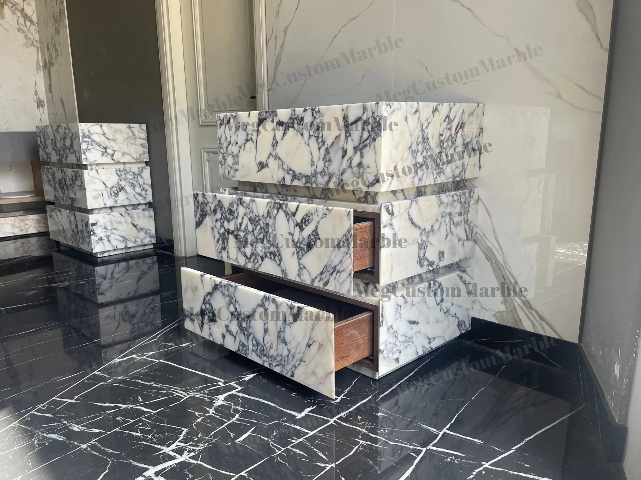Made to-order Freestanding Vanity Unit with marle drawers Calacatta Viola Marble Purple/ Gray Veins - Image 5