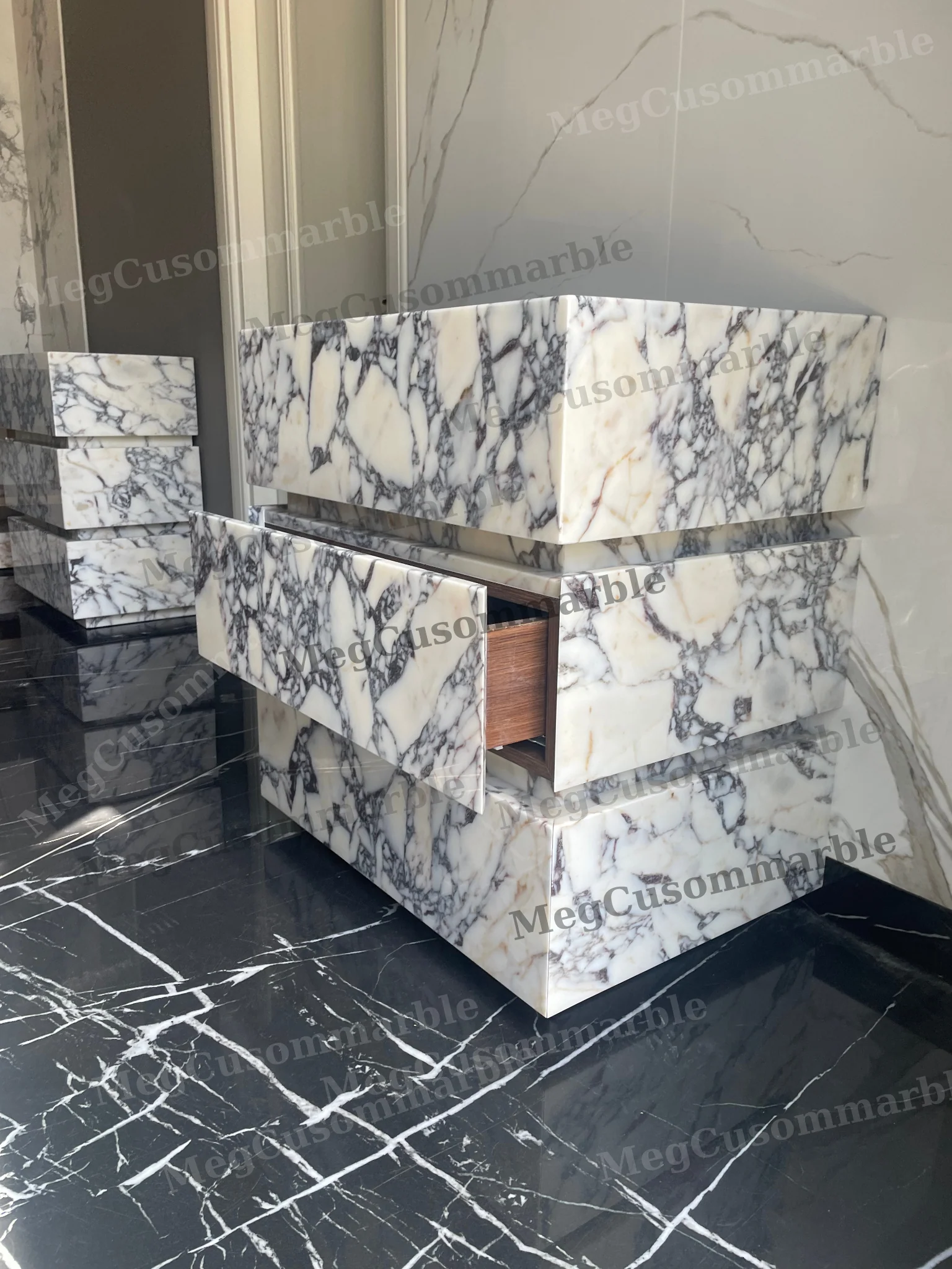 Made to-order Freestanding Vanity Unit with marle drawers Calacatta Viola Marble Purple/ Gray Veins - Image 6