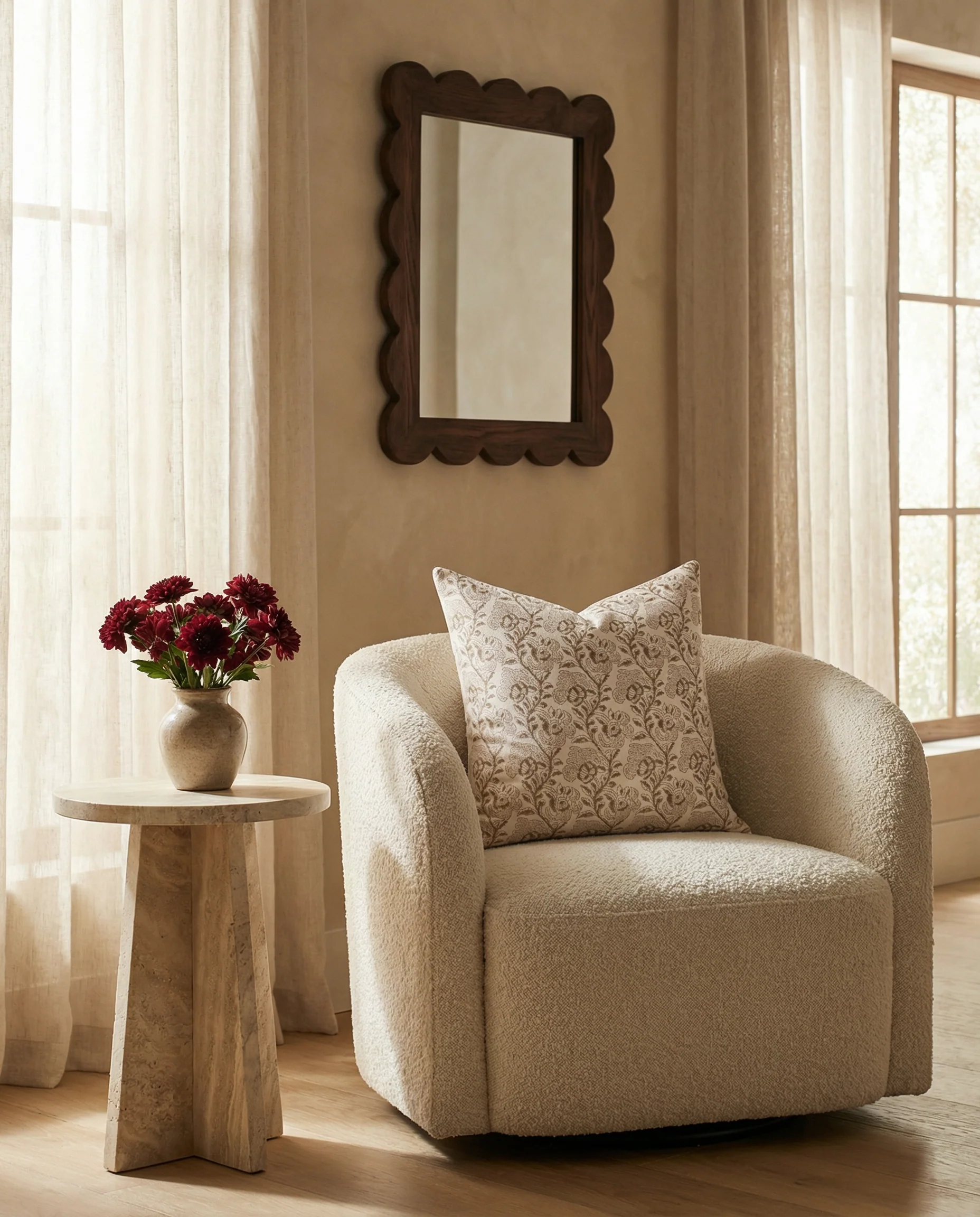 Magnolia Floral Block Printed Pillow Cover | Burgundy, Mustard - Image 2
