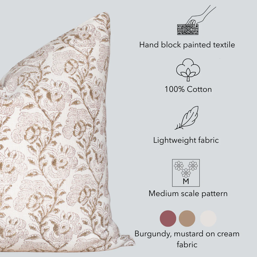 Magnolia Floral Block Printed Pillow Cover | Burgundy, Mustard - Image 6