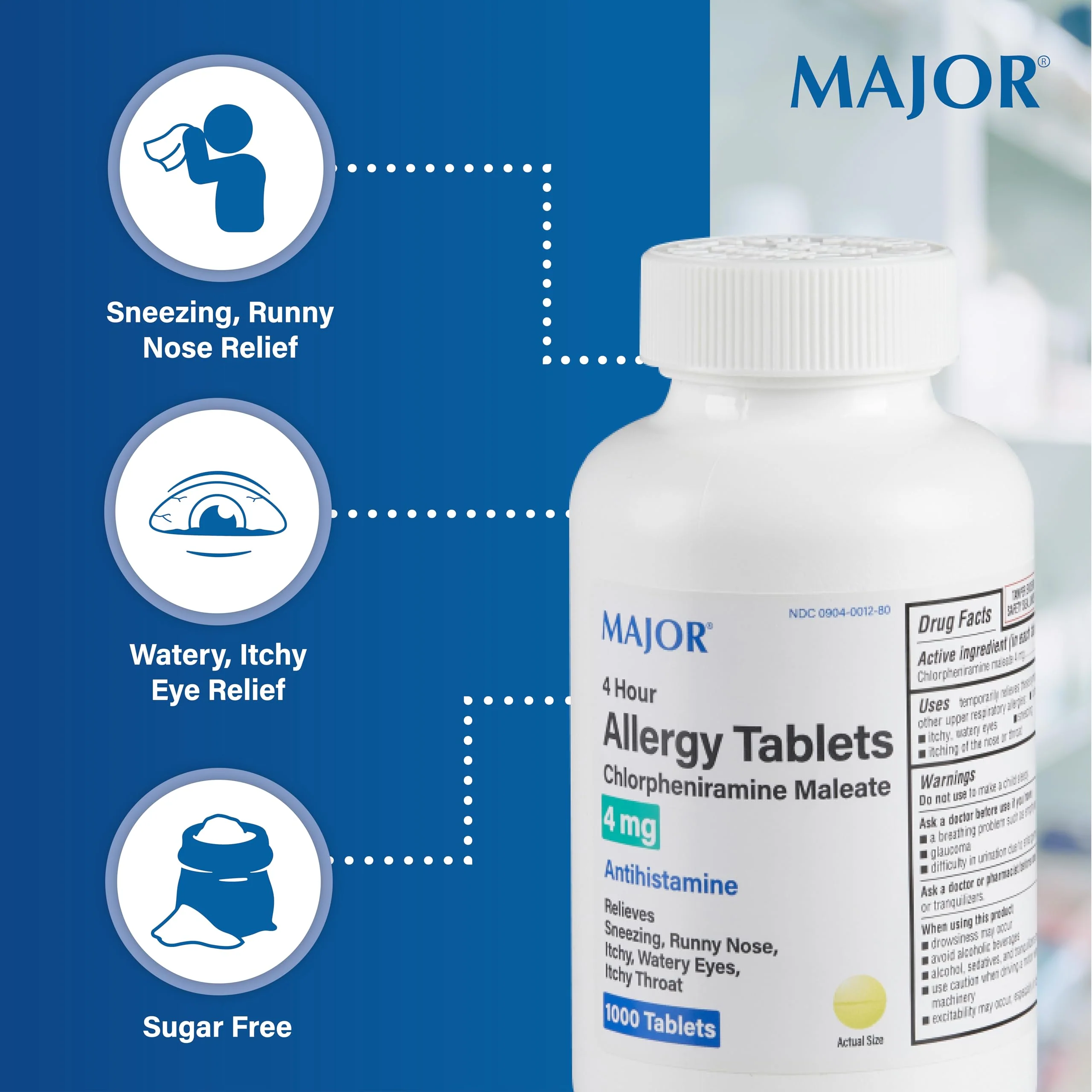 MAJOR 4 Hour Allergy Tablets - Chlorpheniramine Maleate - 4 mg - Antihistamine - 1000 Count (1 Pack) - Image 5