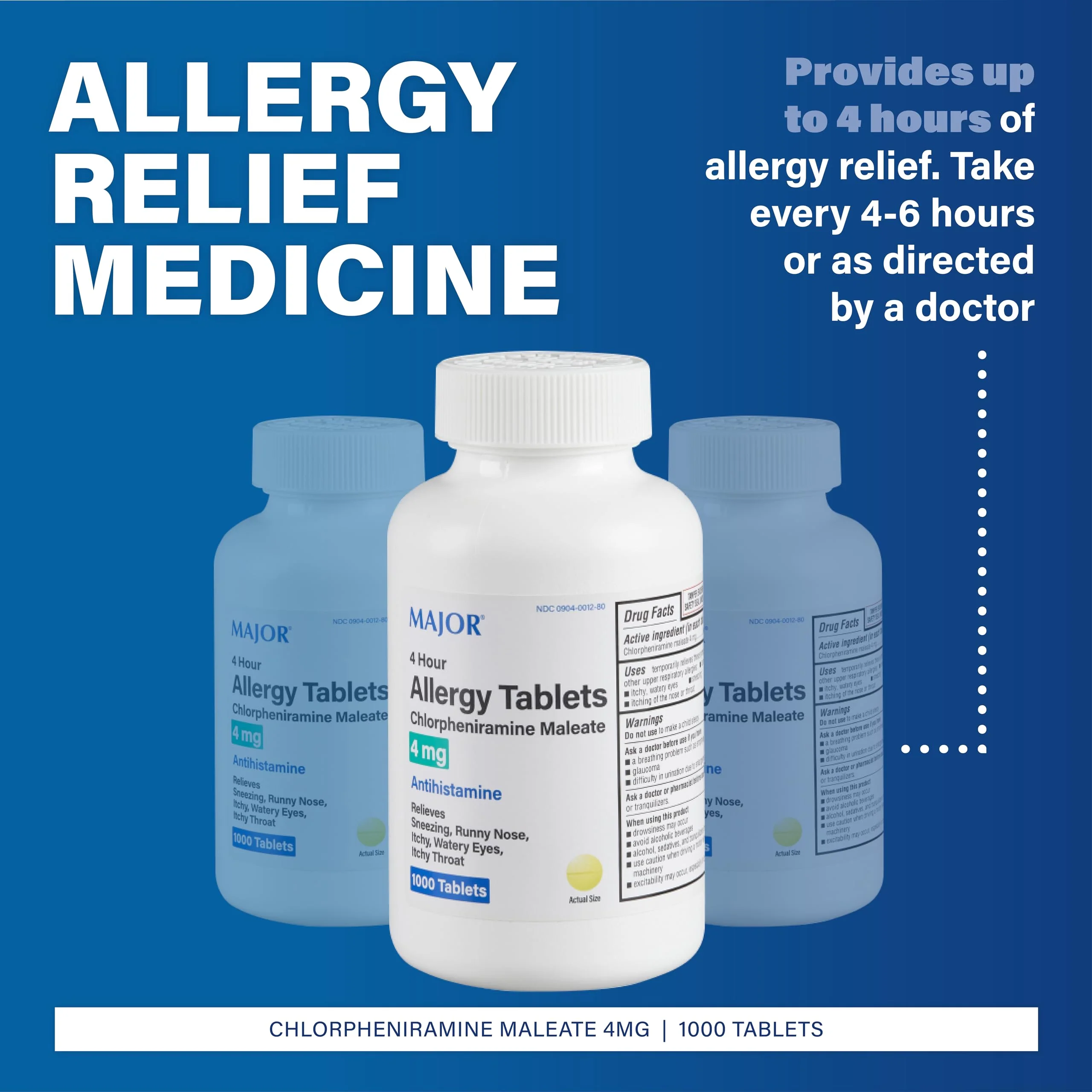 MAJOR 4 Hour Allergy Tablets - Chlorpheniramine Maleate - 4 mg - Antihistamine - 1000 Count (1 Pack) - Image 6
