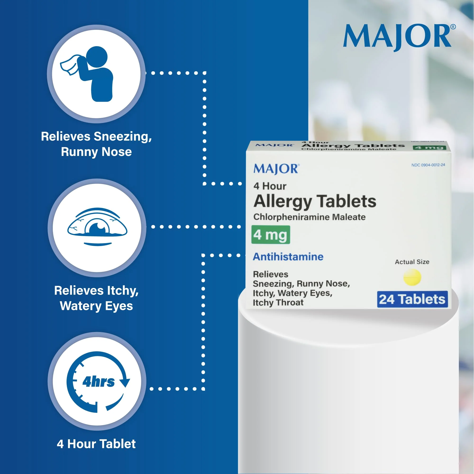 MAJOR 4 Hour Allergy Tablets - Chlorpheniramine Maleate 4mg - Antihistamine - 24 Count (1 Pack) - Image 4