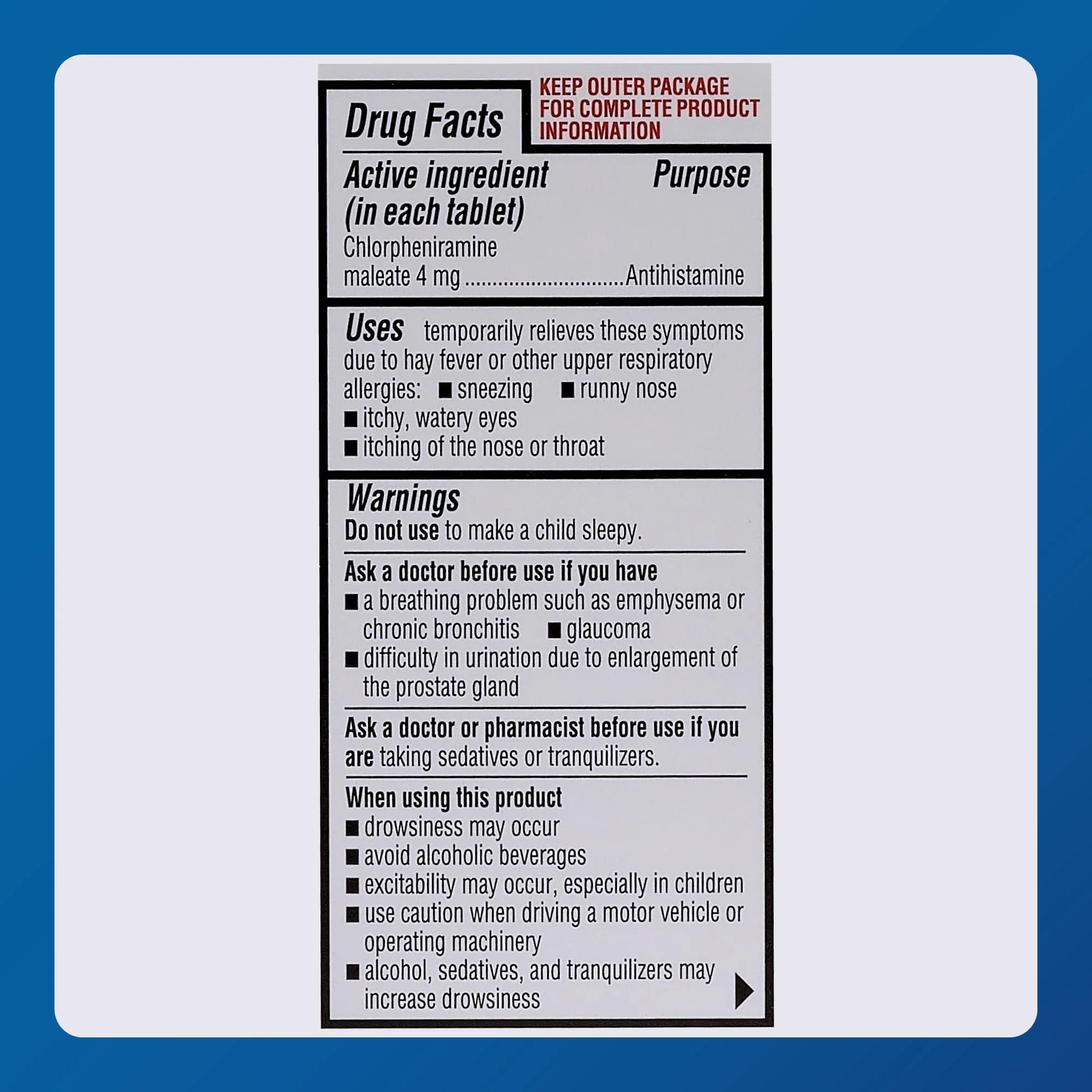 MAJOR 4 Mg Allergy Tablets - Chlorpheniramine Maleate 4-Hour Allergy Medicine - Antihistamine for Relief of Sneezing, Itchy Watery Eyes, Itchy Throat, and Runny Nose - 100 Count (1 Pack) - Image 4