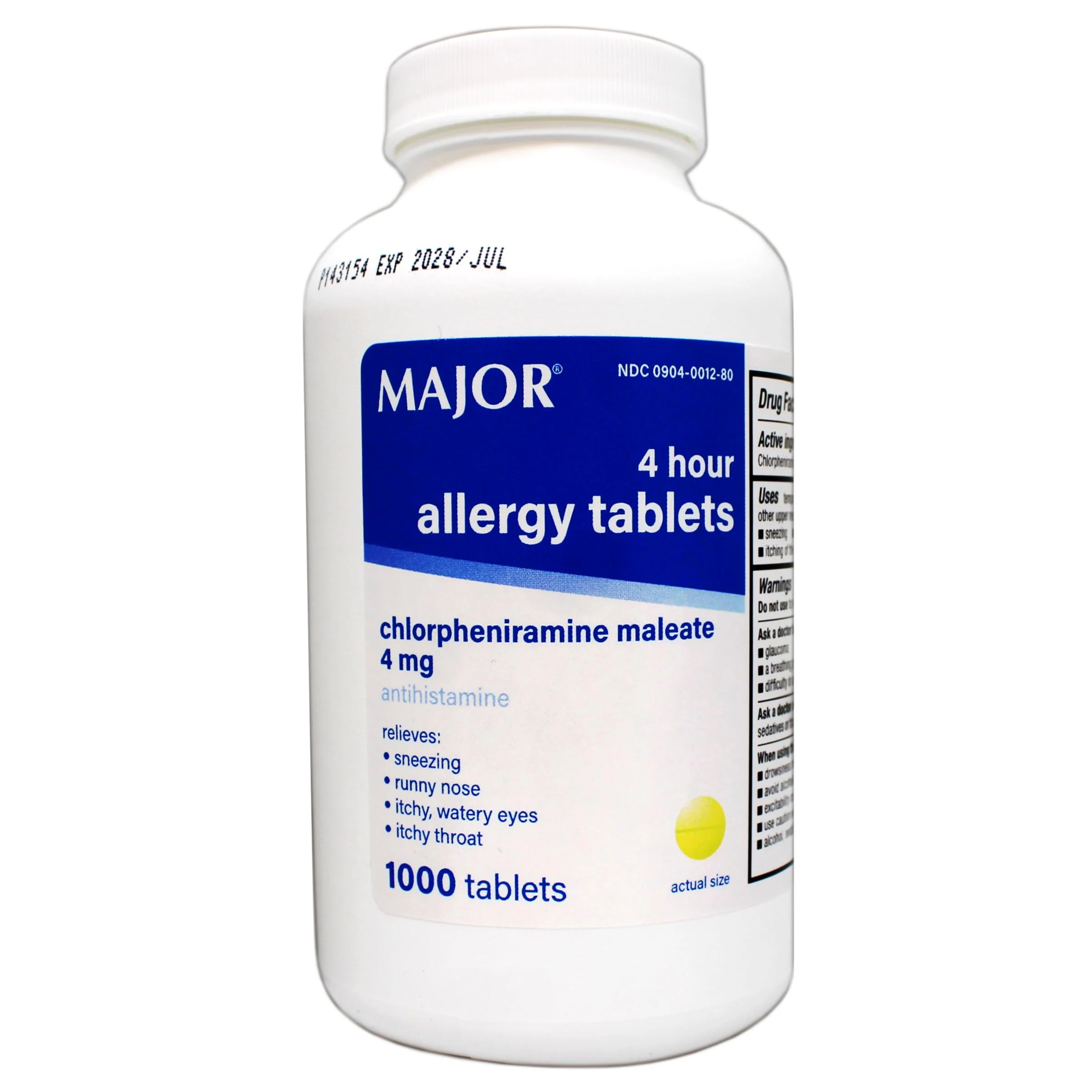 Major Allergy Tablets, Chlorpheniramine Maleate 4 mg, Antihistamine 4 Hour, 1000 Tablets - Image 2