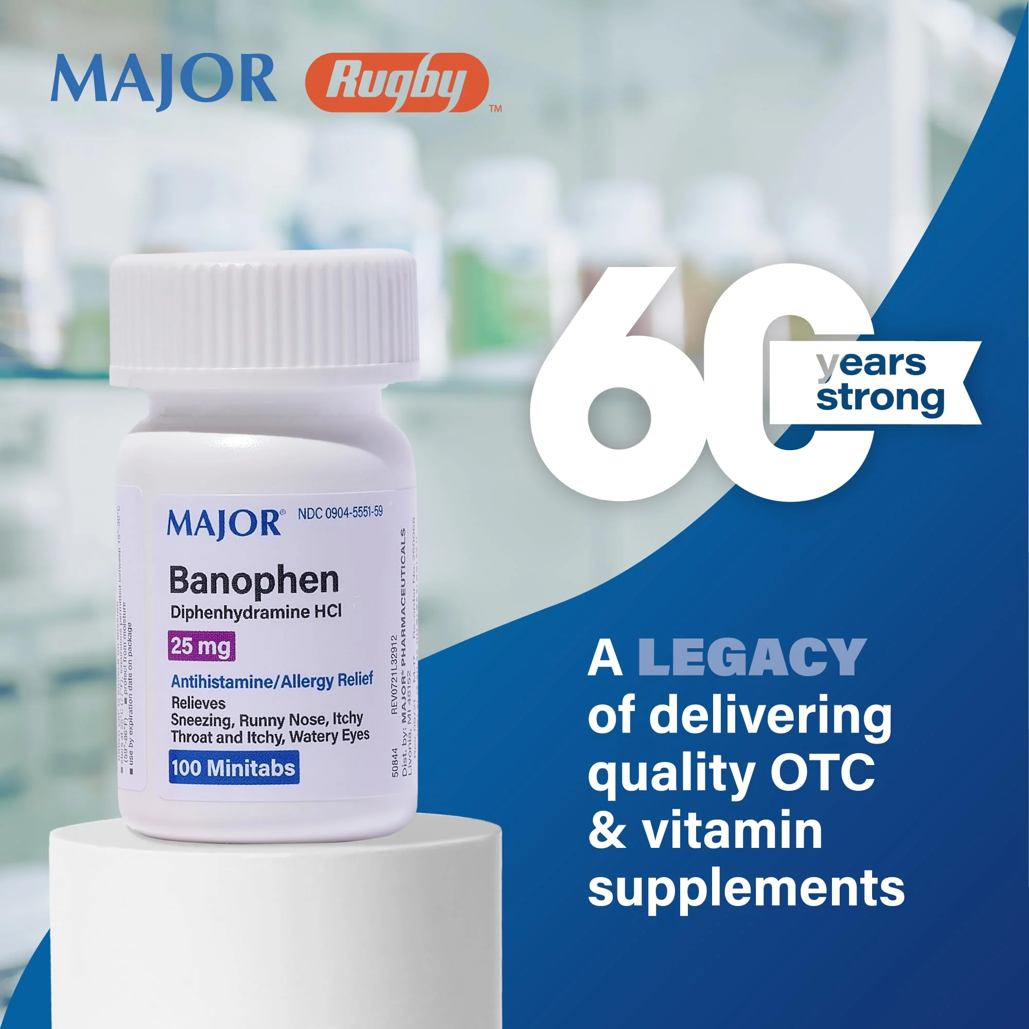 MAJOR Banophen Diphenhydramine HCI 25 mg Minitabs - Temporary Relief from The Symptoms of Hay Fever, Common Cold, and Upper Respiratory Allergies - Antihistamine Allergy Medicine - 100 Count (1 Pack) - Image 2