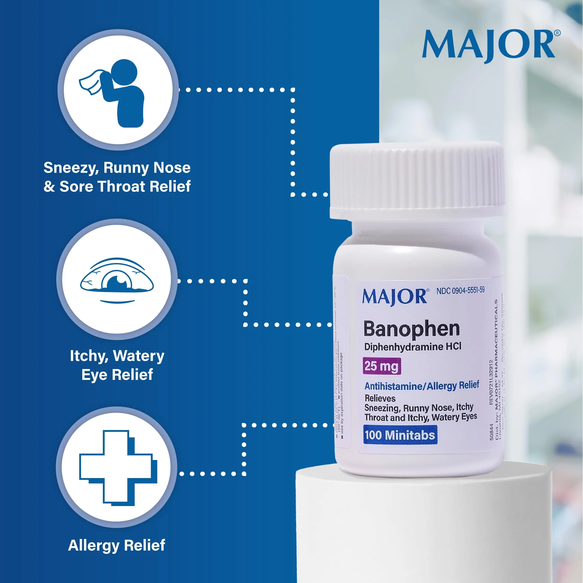 MAJOR Banophen Diphenhydramine HCI 25 mg Minitabs - Temporary Relief from The Symptoms of Hay Fever, Common Cold, and Upper Respiratory Allergies - Antihistamine Allergy Medicine - 100 Count (1 Pack) - Image 5