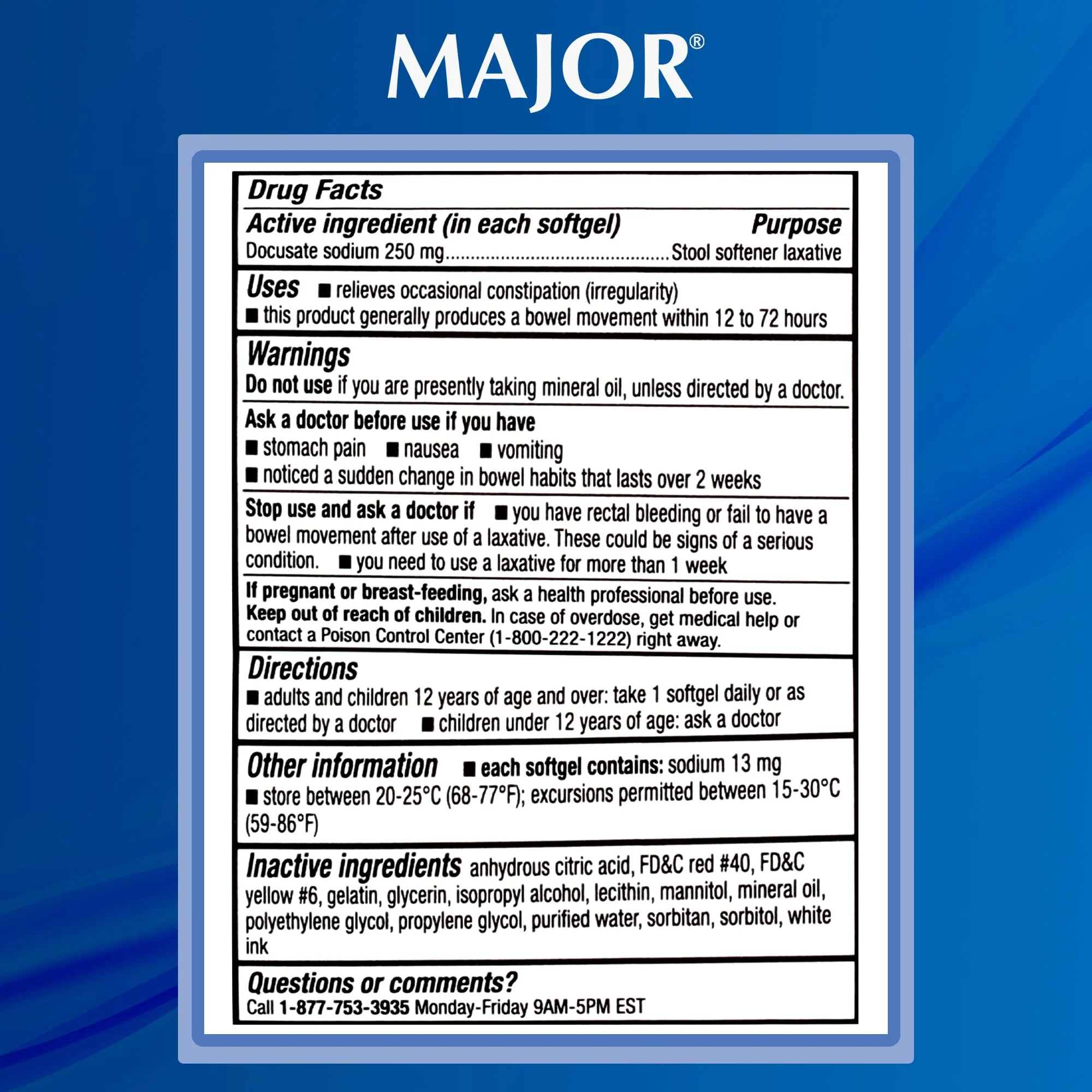MAJOR Docusate Sodium 250 mg, Extra Strength Stool Softener Laxative for Occasional Constipation Relief – Stimulant‑Free, 100 Softgels (2 Pack) - Image 3