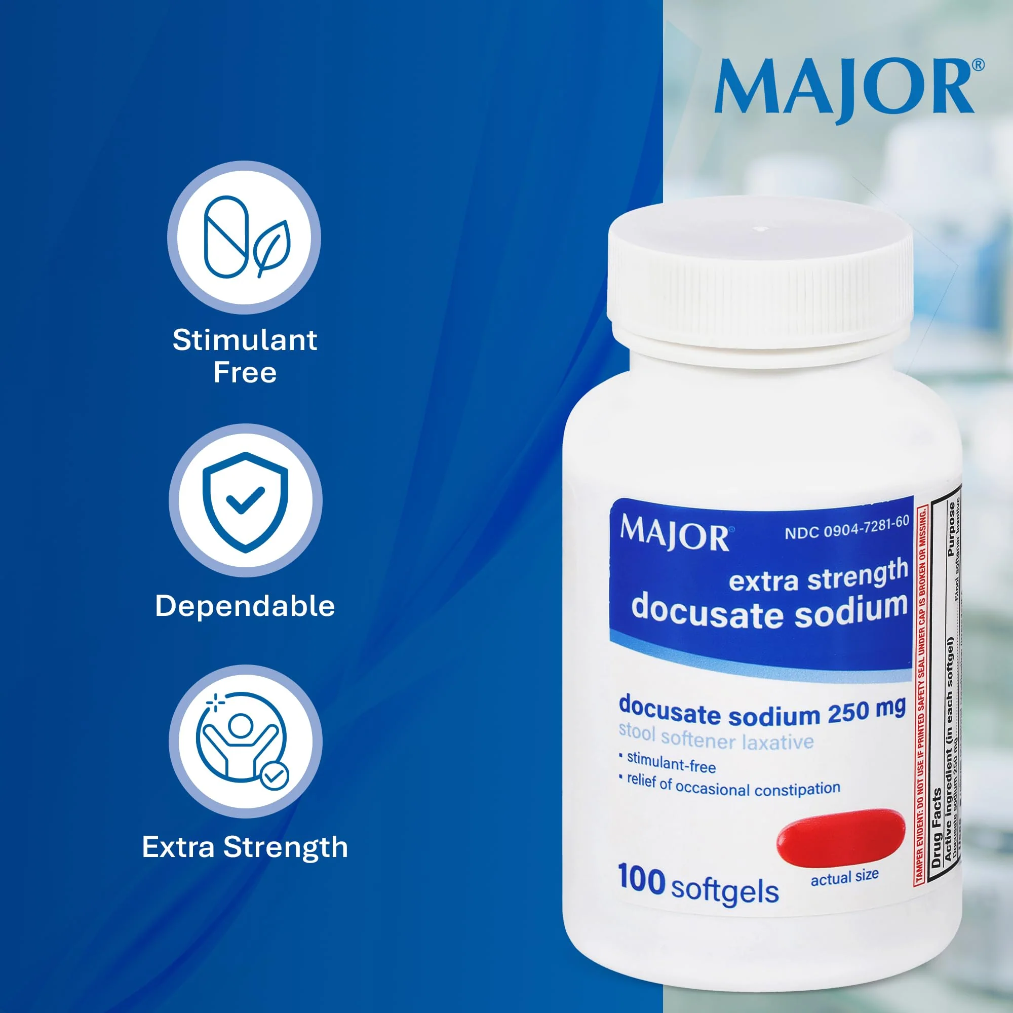 MAJOR Docusate Sodium 250 mg, Extra Strength Stool Softener Laxative for Occasional Constipation Relief – Stimulant‑Free, 100 Softgels (2 Pack) - Image 4