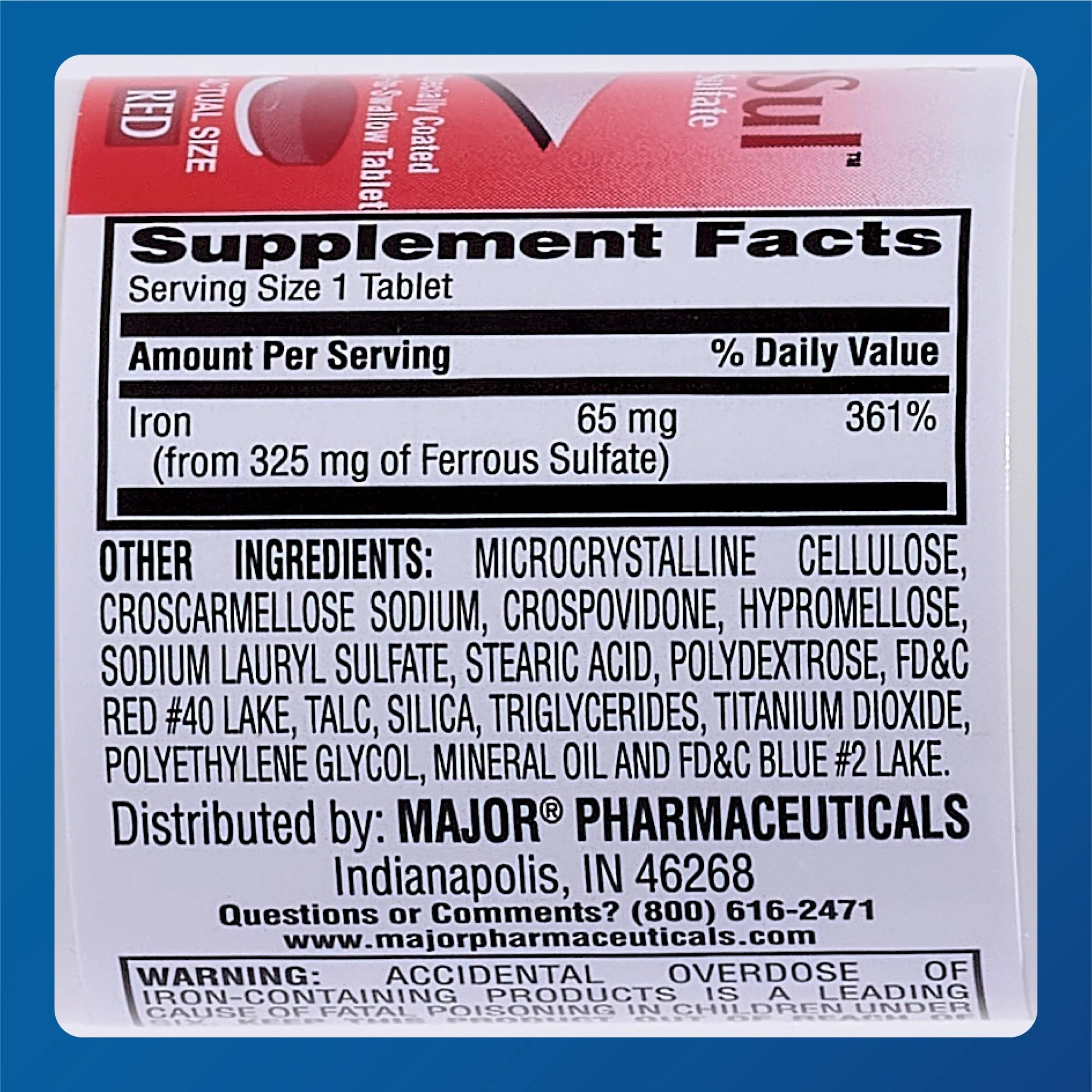 MAJOR Ferosul - Ferrous Sulfate 325mg Tablets with 65mg of Elemental Iron - Iron Supplement for Women, Men - Red - 100 Count (3 Pack) - Image 3