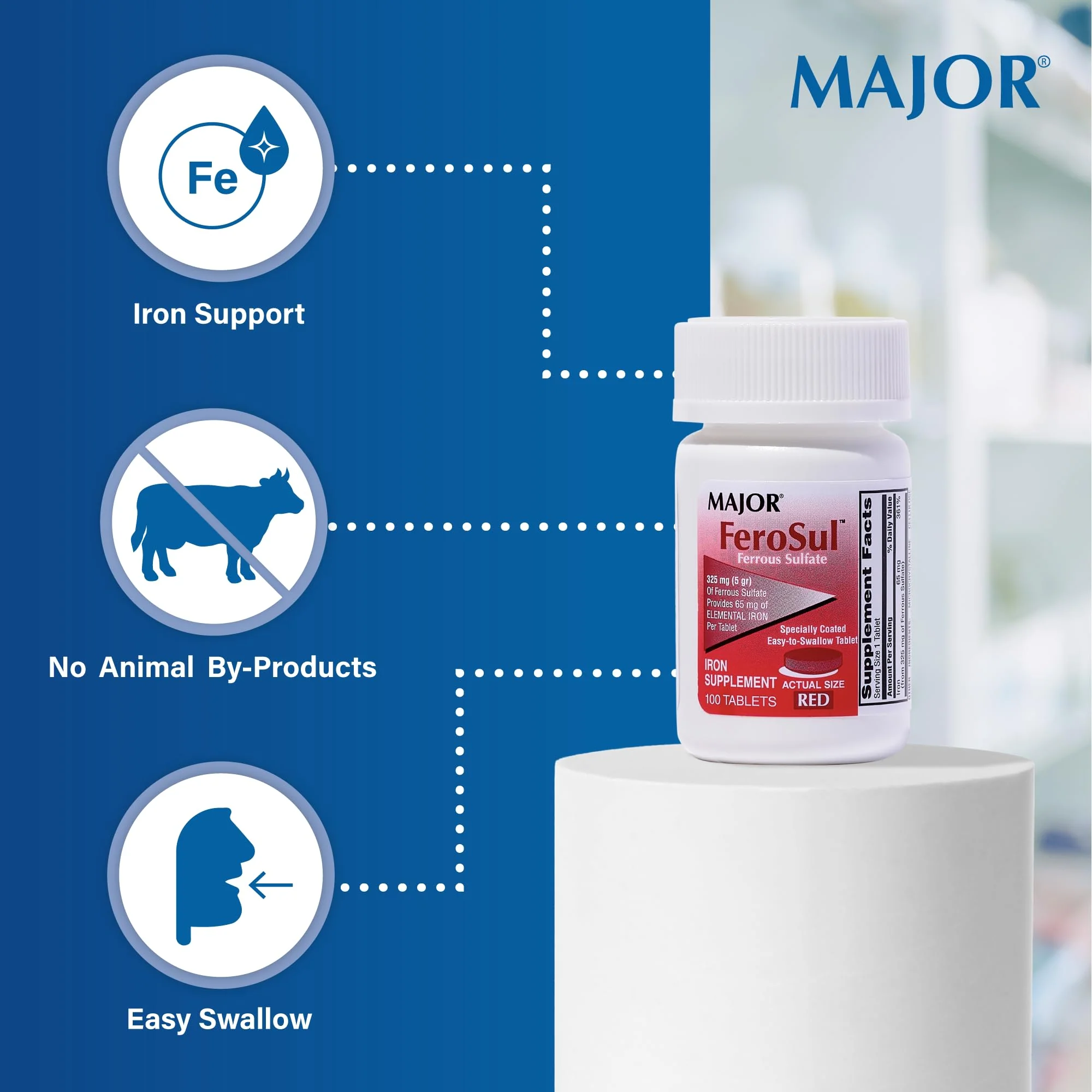 MAJOR Ferosul - Ferrous Sulfate 325mg Tablets with 65mg of Elemental Iron - Iron Supplement for Women, Men - Red - 100 Count (3 Pack) - Image 4