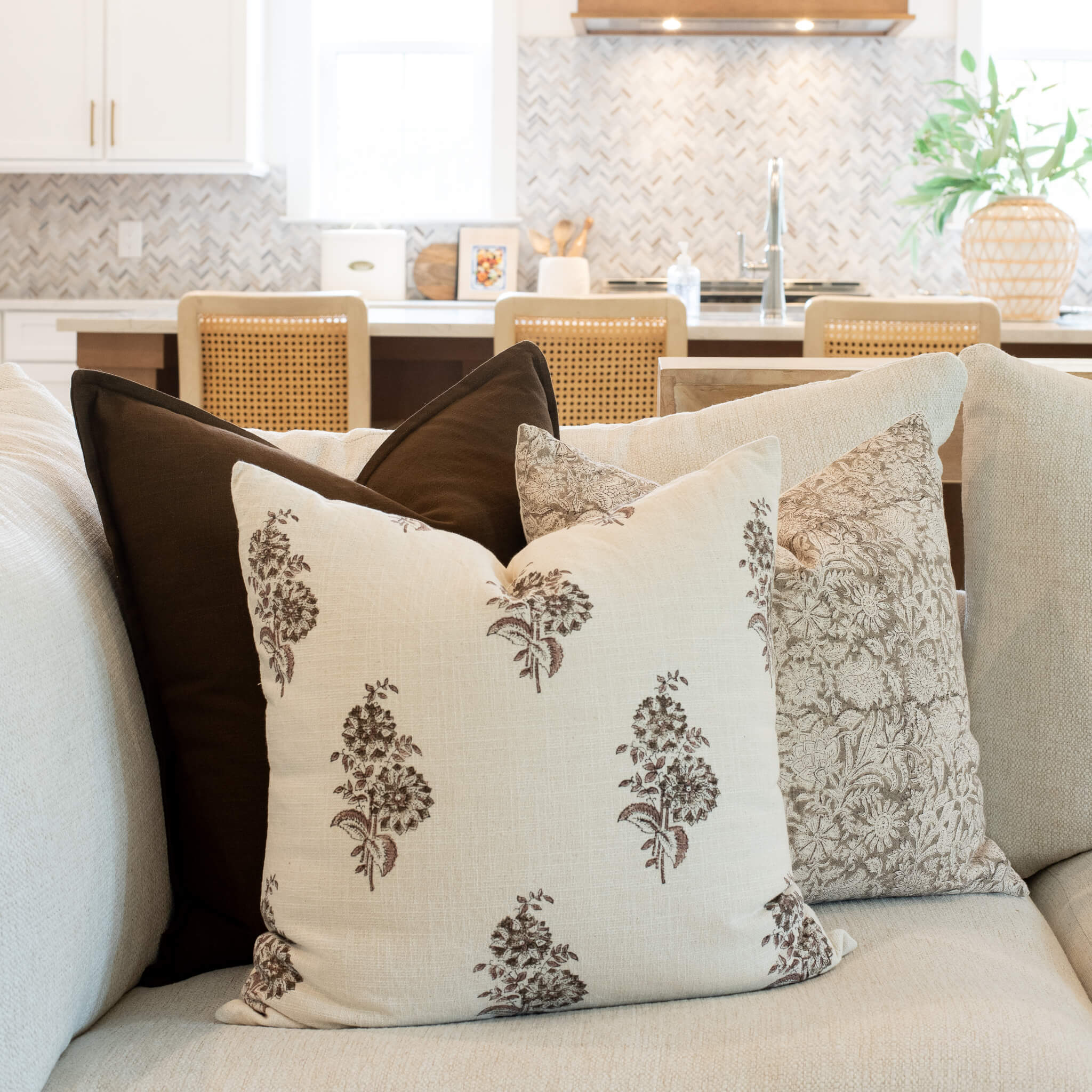 Marisol Floral Block Printed Pillow Cover | Brown - Image 2