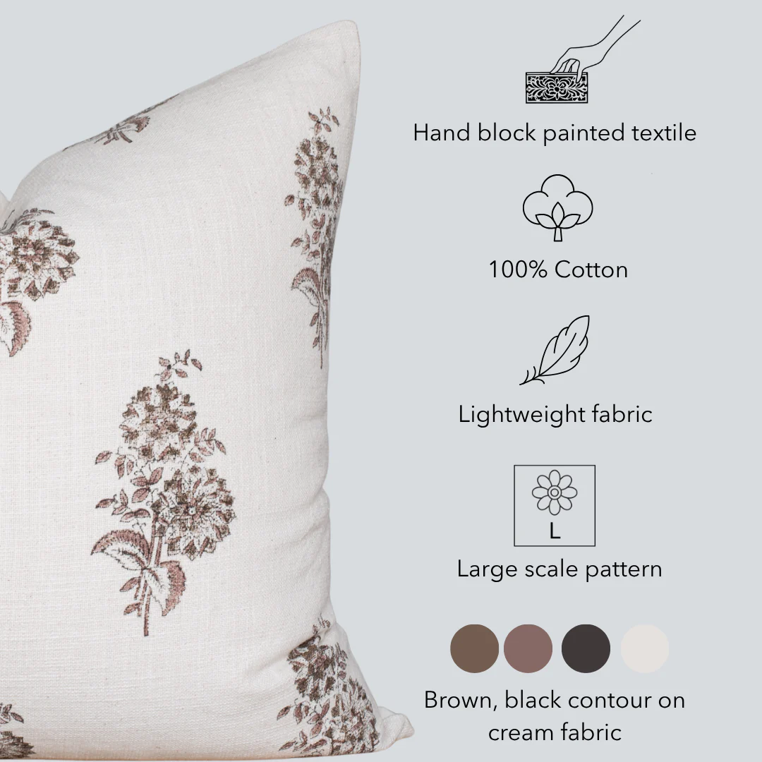 Marisol Floral Block Printed Pillow Cover | Brown - Image 7