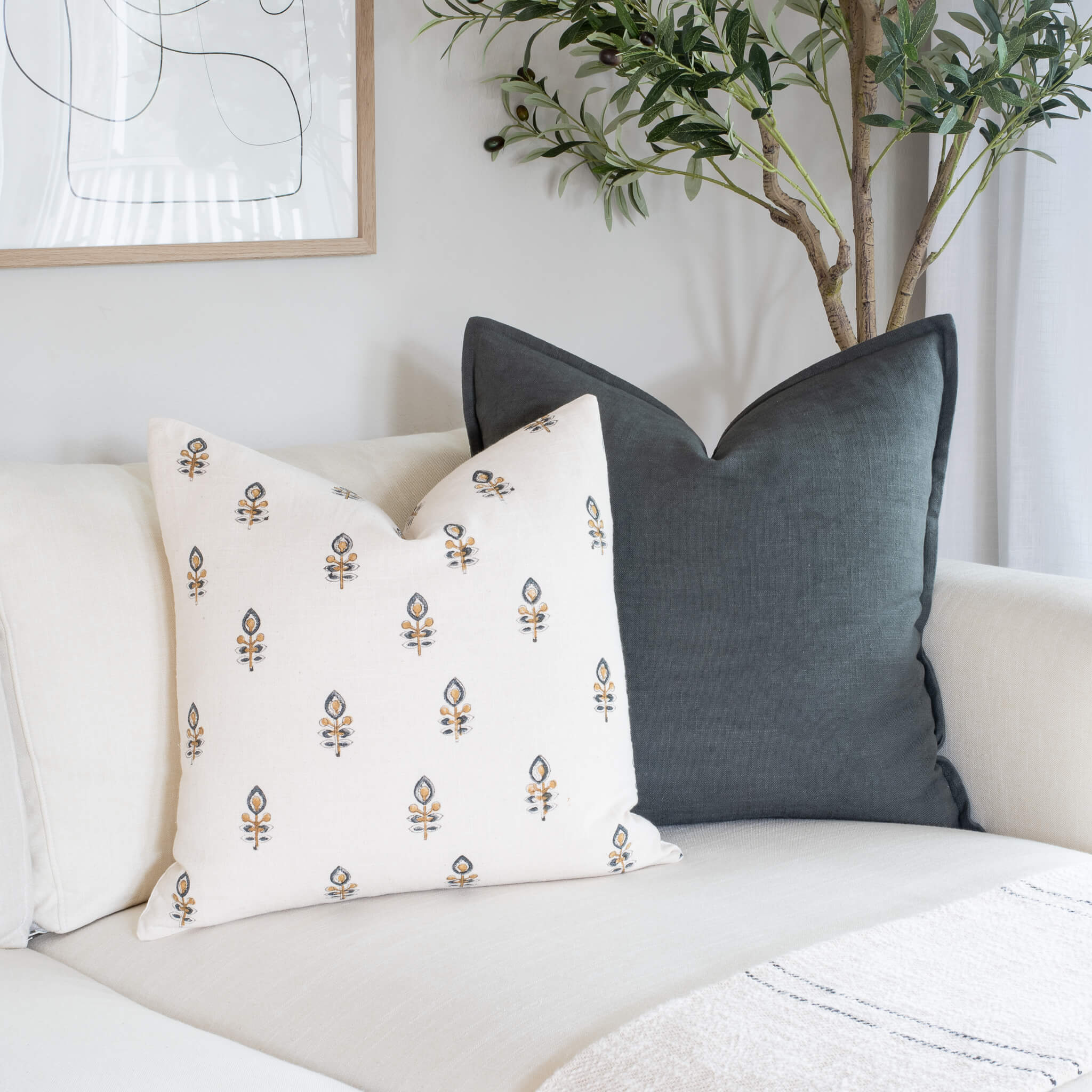 Marla Floral Block Printed Pillow Cover | Blue and Mustard - Image 10