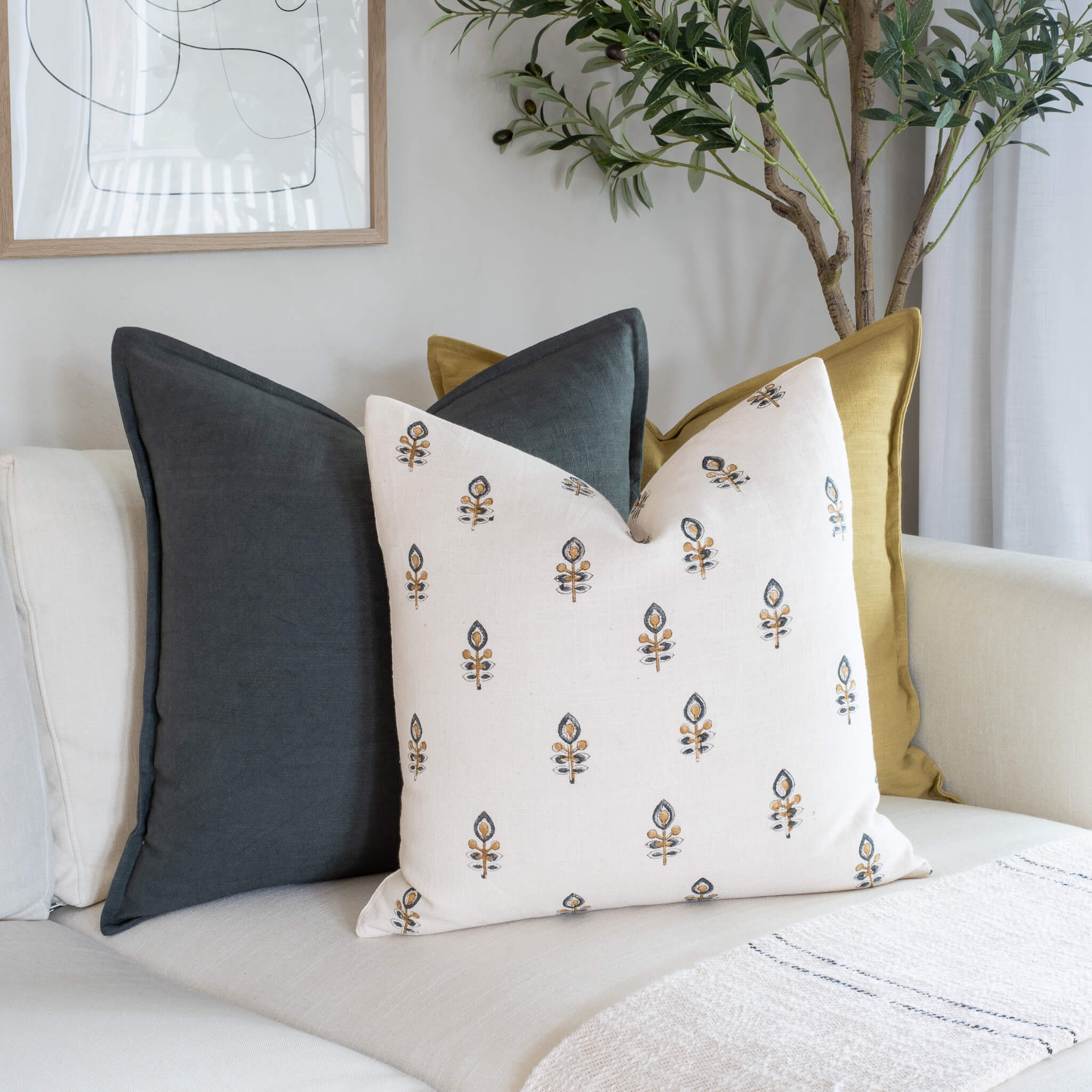 Marla Floral Block Printed Pillow Cover | Blue and Mustard - Image 11