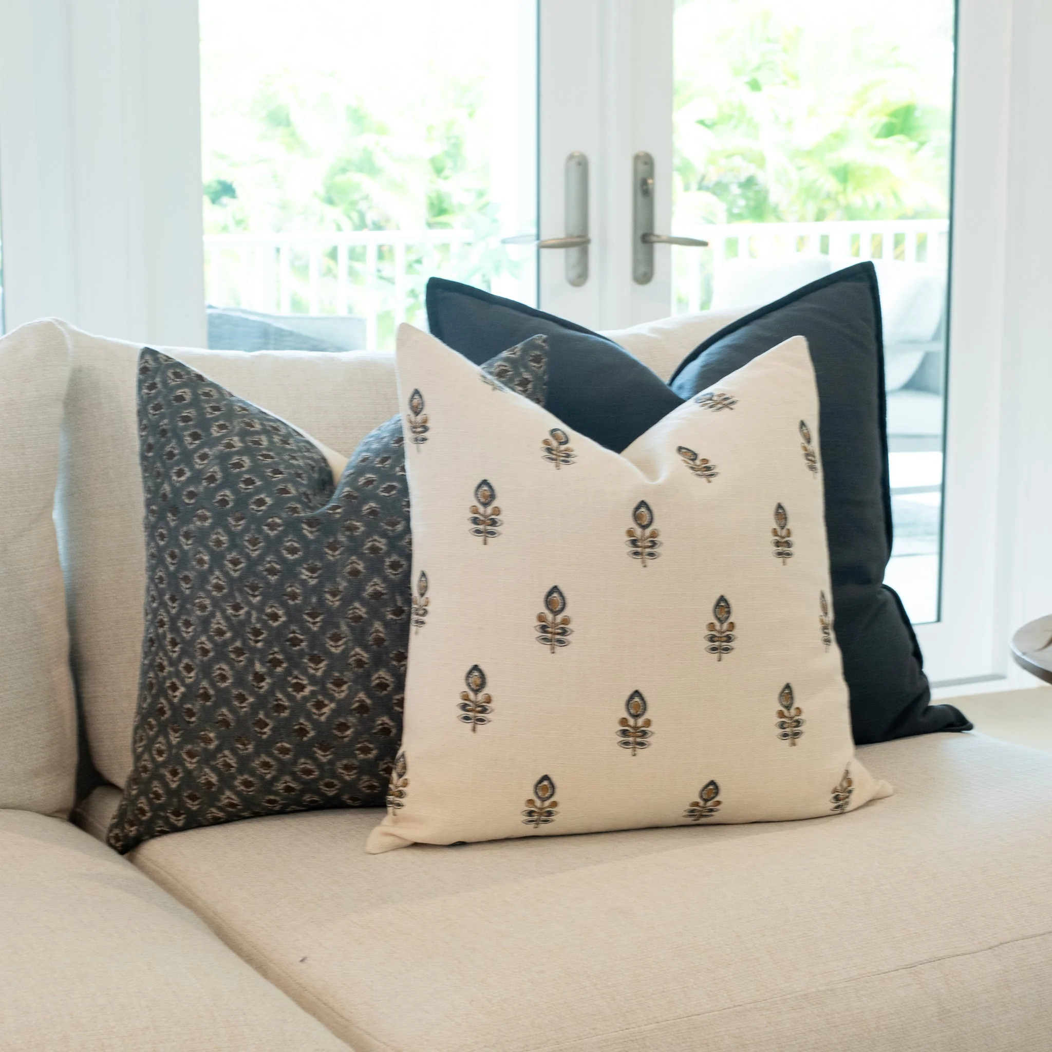 Marla Floral Block Printed Pillow Cover | Blue and Mustard - Image 5