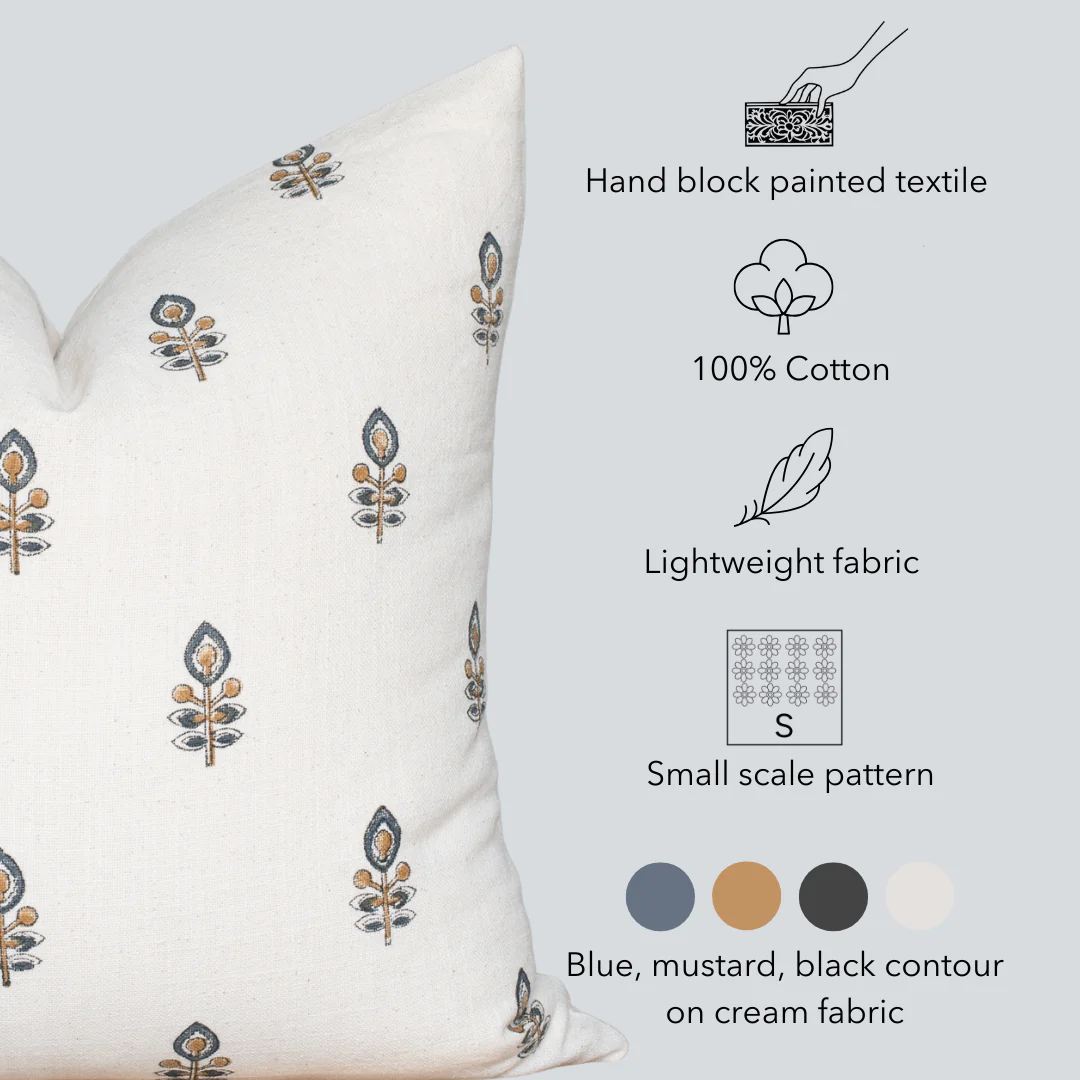 Marla Floral Block Printed Pillow Cover | Blue and Mustard - Image 7