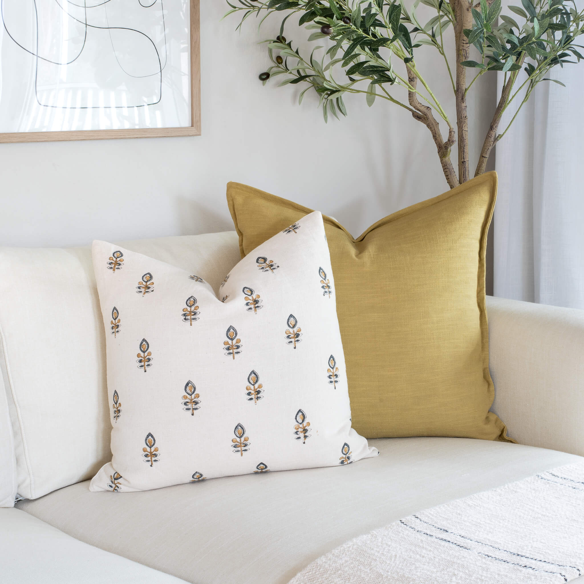 Marla Floral Block Printed Pillow Cover | Blue and Mustard - Image 8