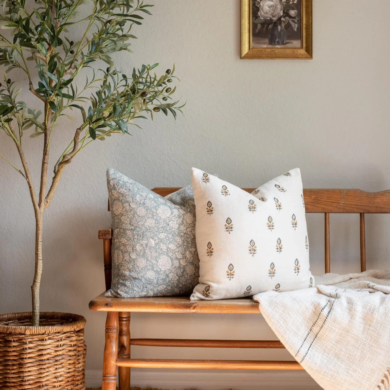 Marla Floral Block Printed Pillow Cover | Blue and Mustard - Image 9