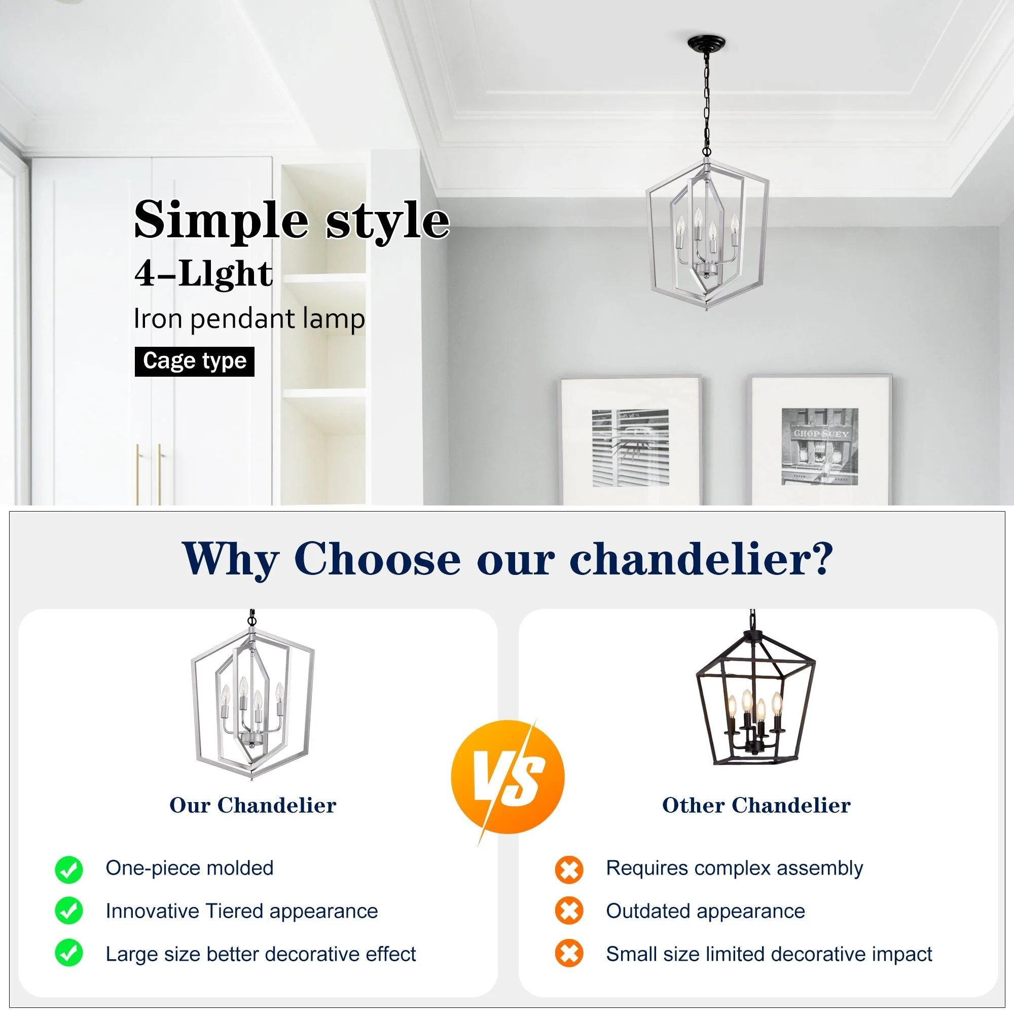 Matte Black and Silver Indoor Pendant Lights 4-Light Adjustable Chandelier - Image 9