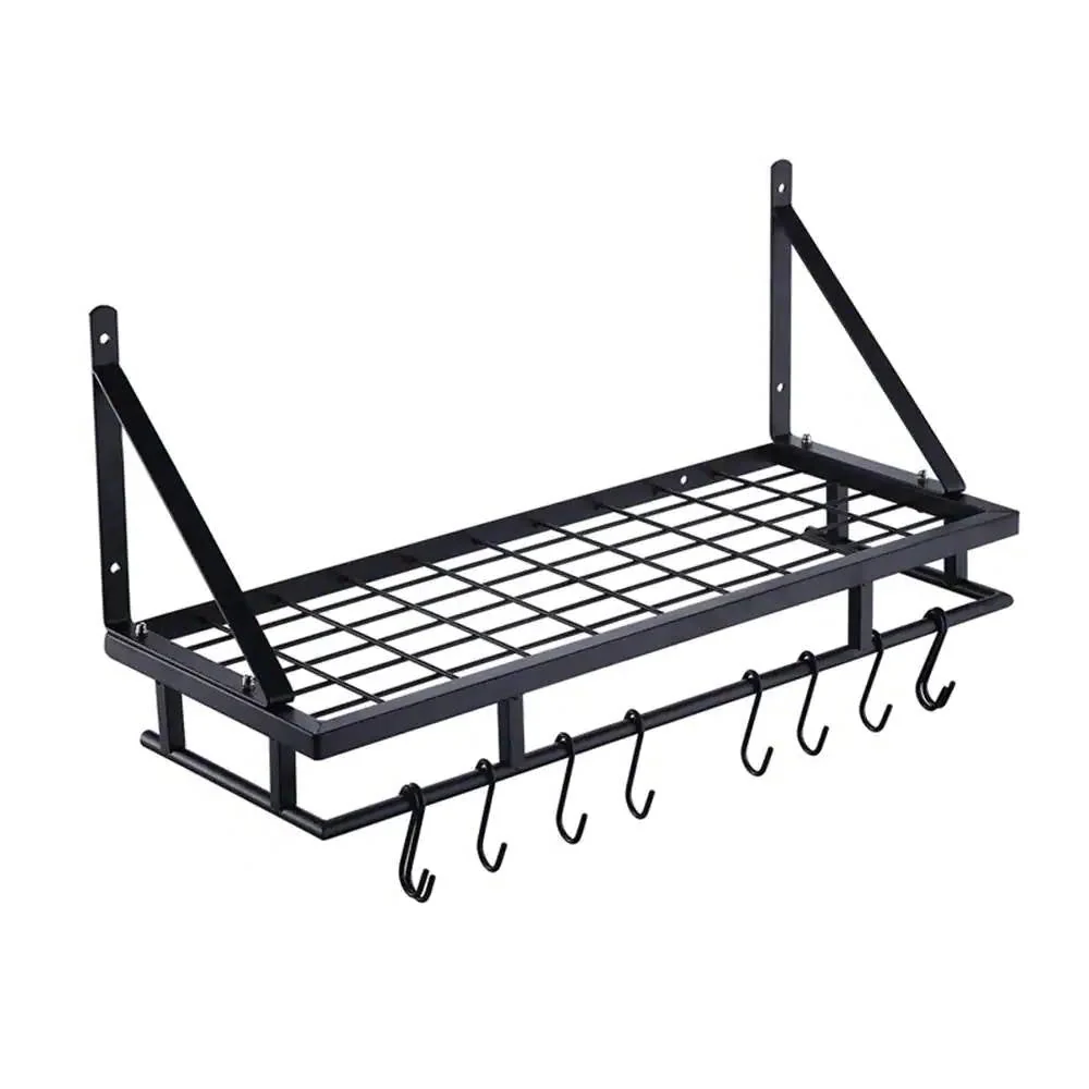 Matte Black Stainless Steel Wall Mounted Pot Rack with 10 Hanging Hooks - Image 2