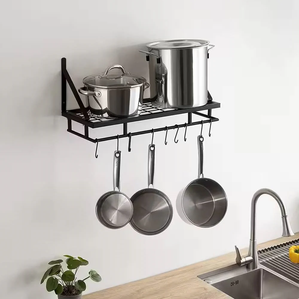 Matte Black Stainless Steel Wall Mounted Pot Rack with 10 Hanging Hooks - Image 4