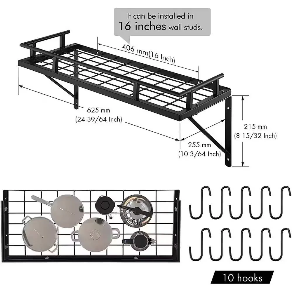 Matte Black Stainless Steel Wall Mounted Pot Rack with 10 Hanging Hooks - Image 5