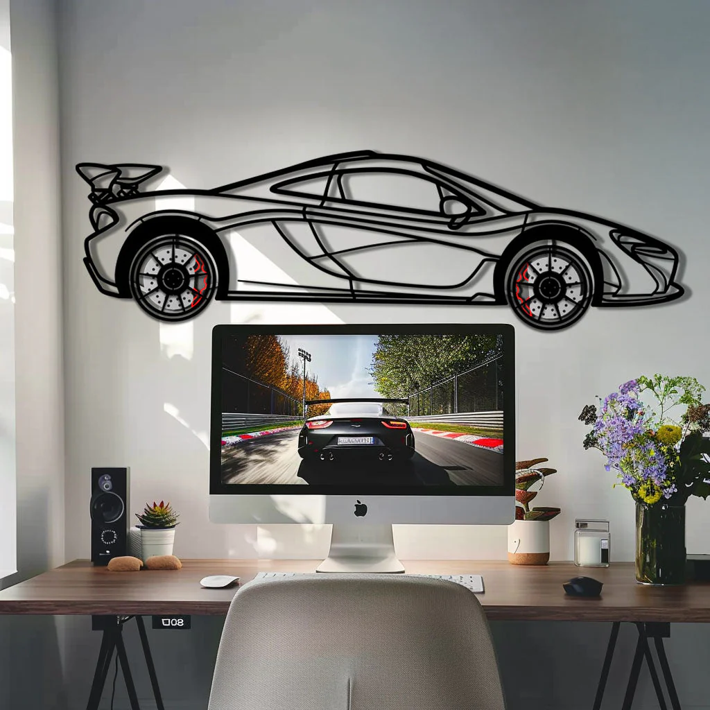McLaren P1 Metal Car Wall Art with Rotating Wheels - Ultimate Hybrid Hypercar Silhouette - Interactive Automotive Wall Decor - KAFMEKA150 - Image 8